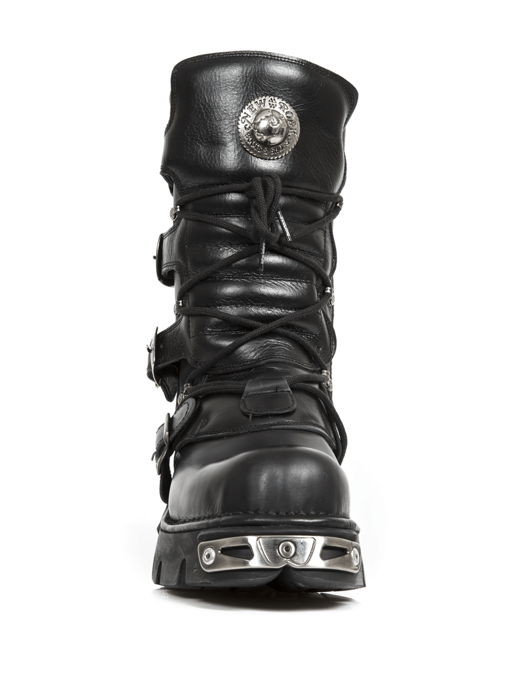 Front view of NEW ROCK black lace-up biker boots with metal accents and durable rubber sole.