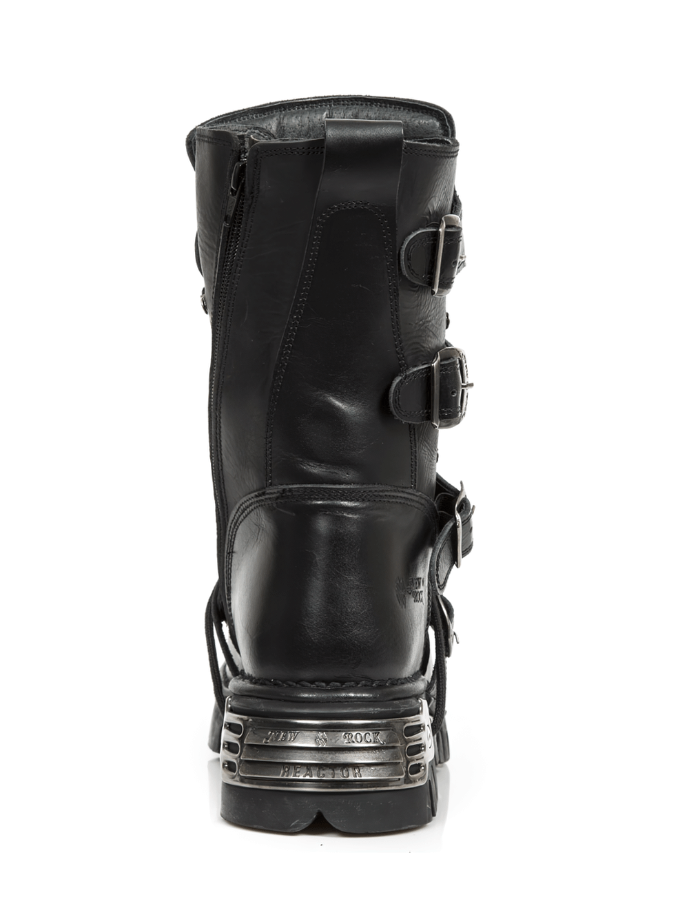 Back view of NEW ROCK Heavy Biker Rock Boots with metallic accents, durable black leather, and stylish buckles.