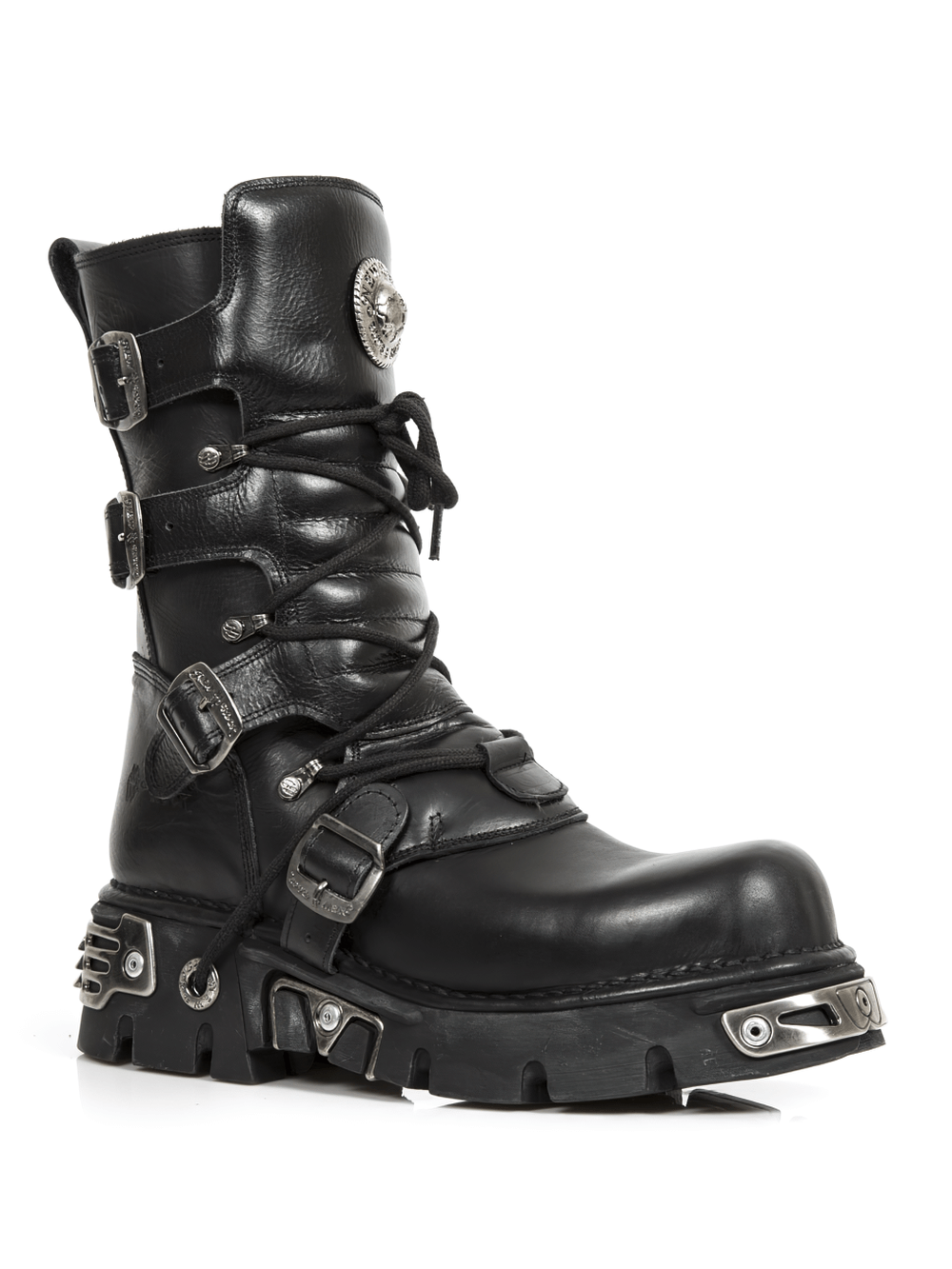 NEW ROCK black lace-up heavy biker boots with metal accents and durable rubber sole, perfect for gothic style.