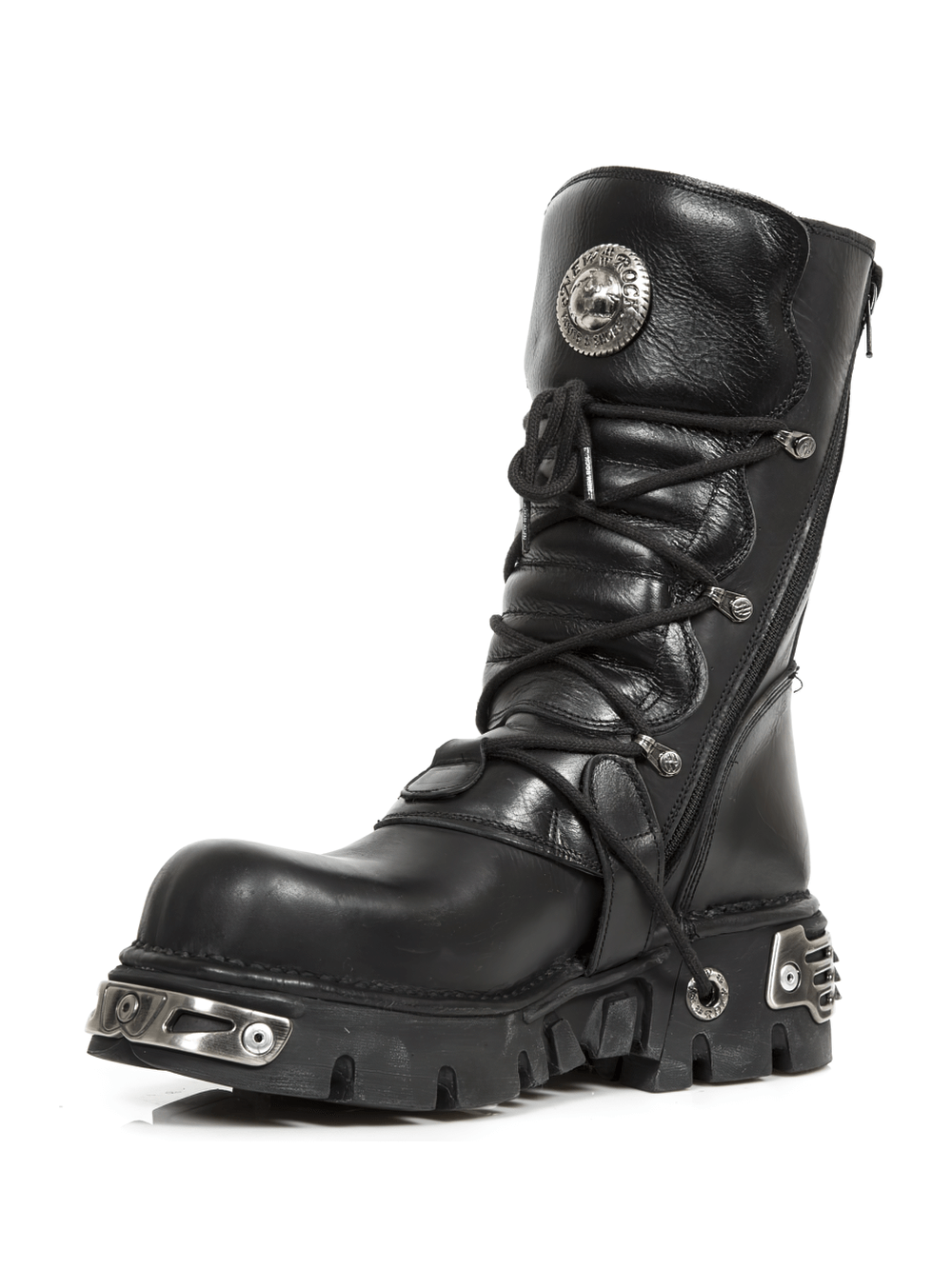 NEW ROCK heavy biker boots in black with metal accents and durable natural rubber sole, ideal for gothic style.