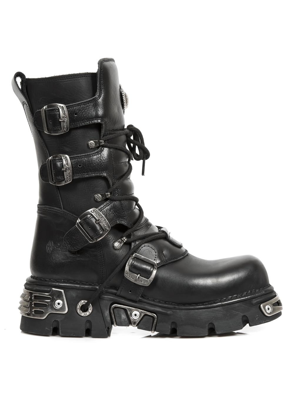 NEW ROCK Black lace-up biker boots with metal accents and durable rubber sole, perfect for gothic style.