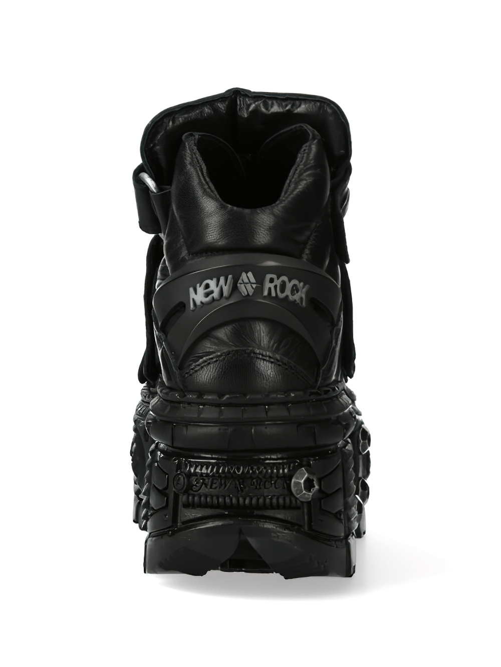 Back view of NEW ROCK Heavy Gothic Ankle Boots with Velcro straps, showcasing robust design and unique style.