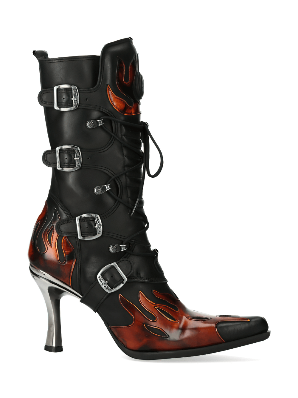 NEW ROCK Fiery Gothic Heeled Lace-Up Boots with Buckles and striking flame design for a bold statement.