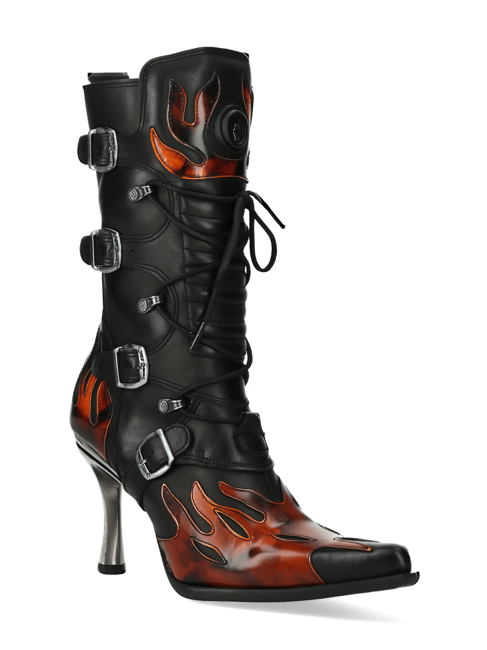 Fiery Gothic Heeled Lace-Up Boots with flame design, buckles, and metallic details for bold urban fashion.