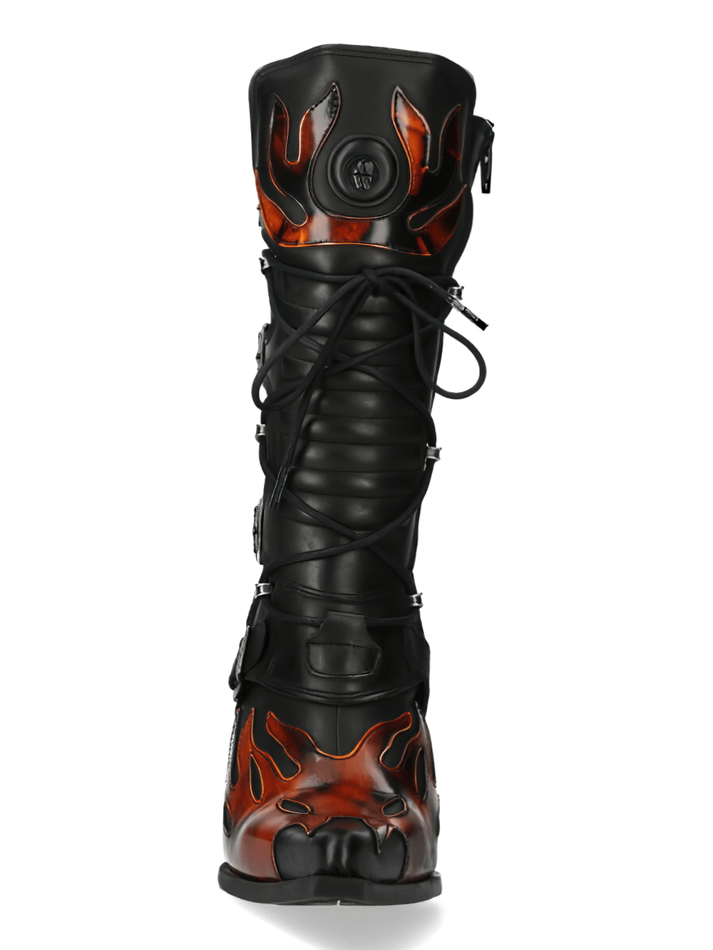 Fiery Gothic lace-up boots featuring flames and buckles for women, designed for bold urban fashion.