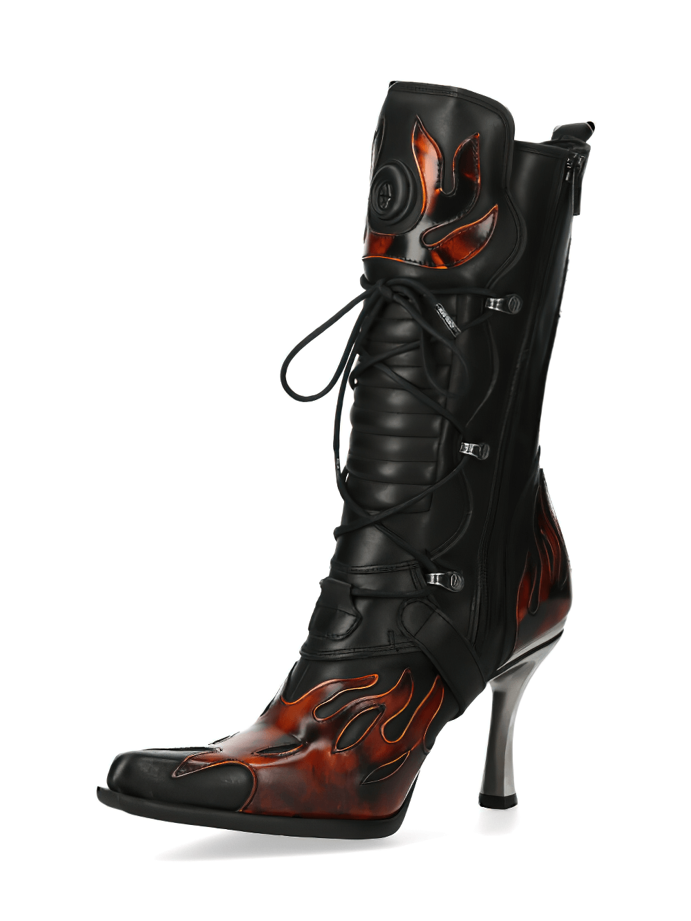 Fiery Gothic heeled lace-up boots with flame design, buckles, and authentic leather craftsmanship.