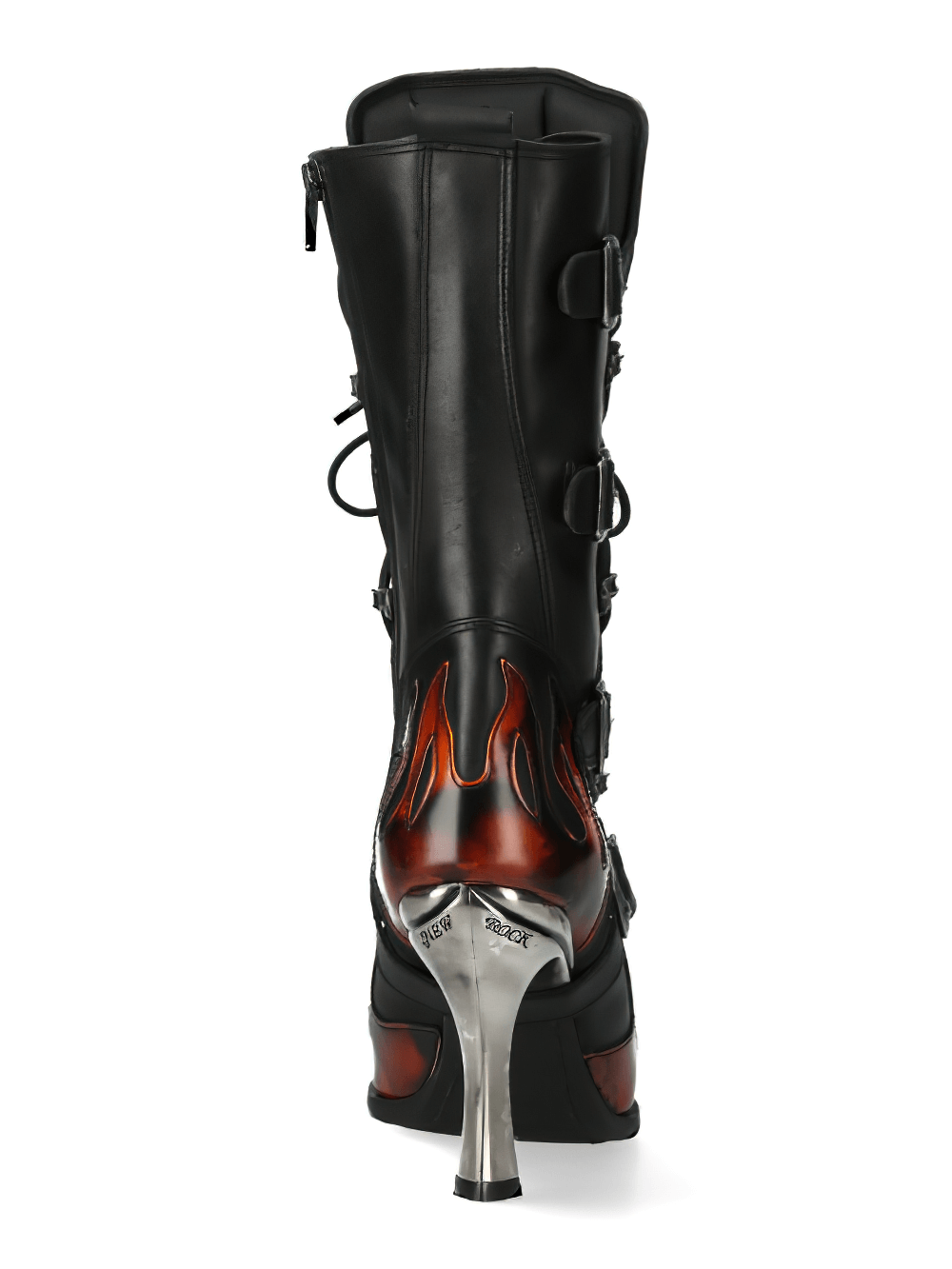 Back view of NEW ROCK Heeled Lace-Up Boots with flame design and silver heel, showcasing urban gothic elegance.