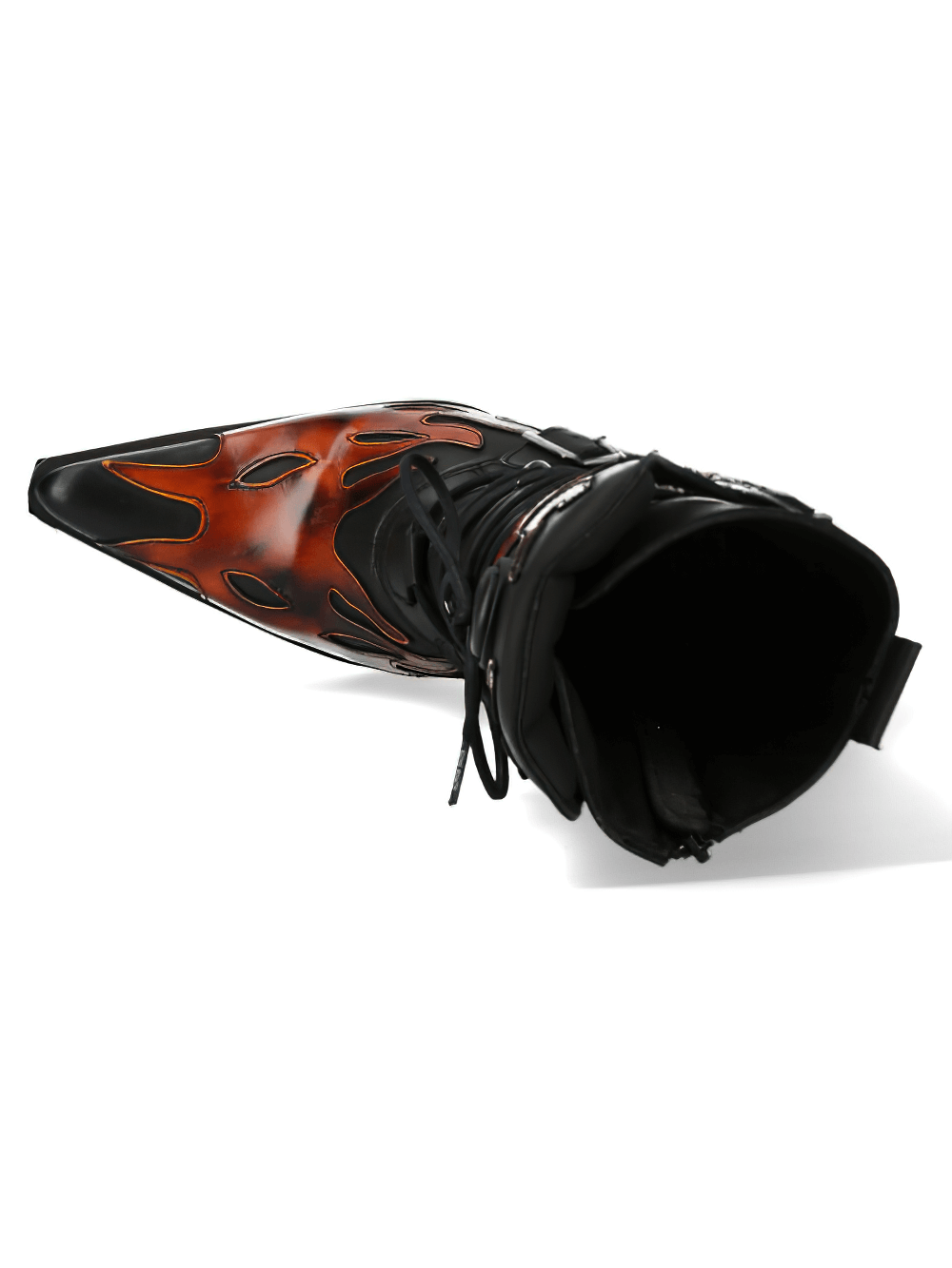 NEW ROCK heeled lace-up boot with flame design, showcasing gothic style and authentic leather craftsmanship.