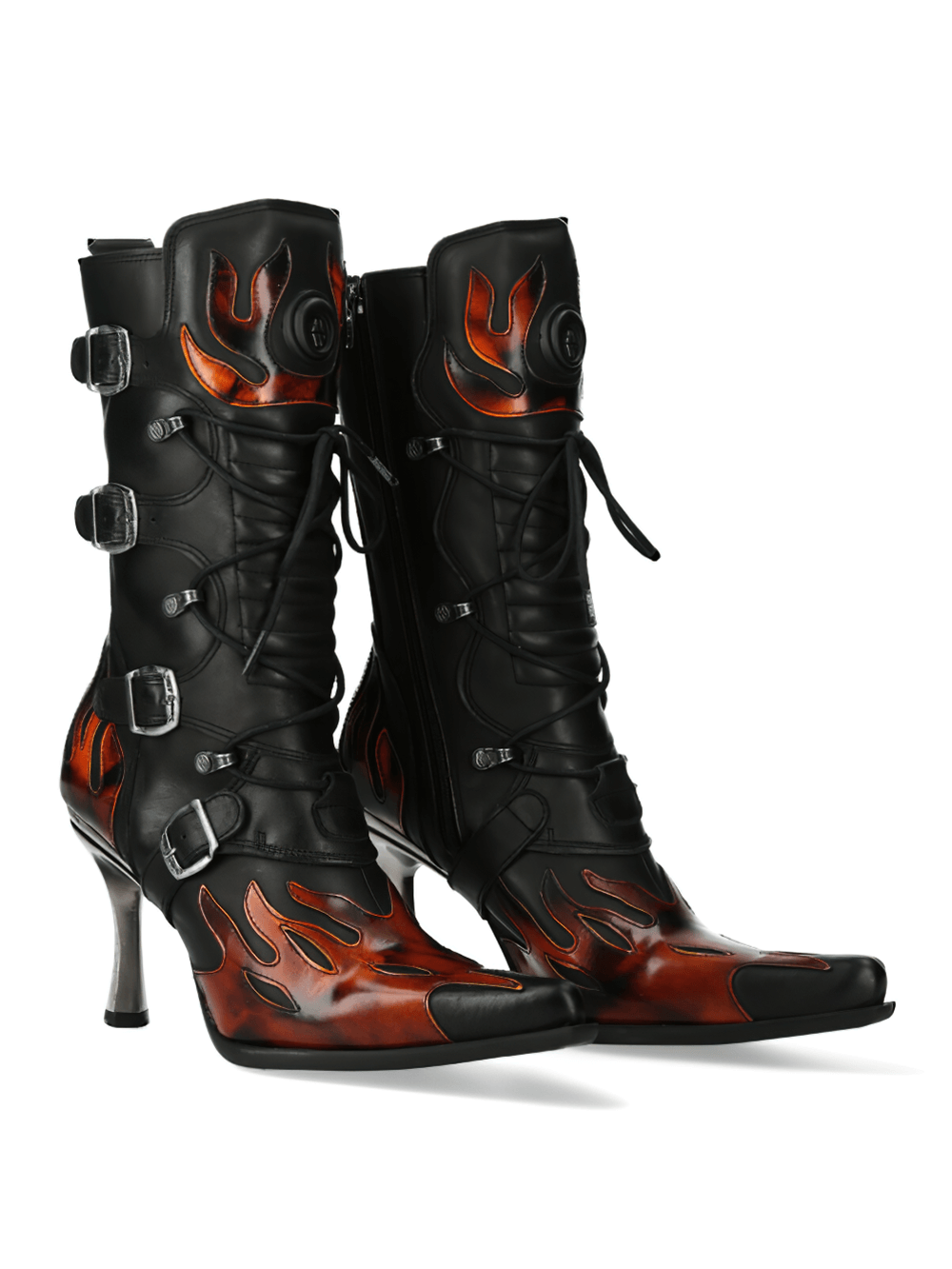 Stylish NEW ROCK Heeled Lace-Up Boots with flame design and buckles for a bold gothic look.