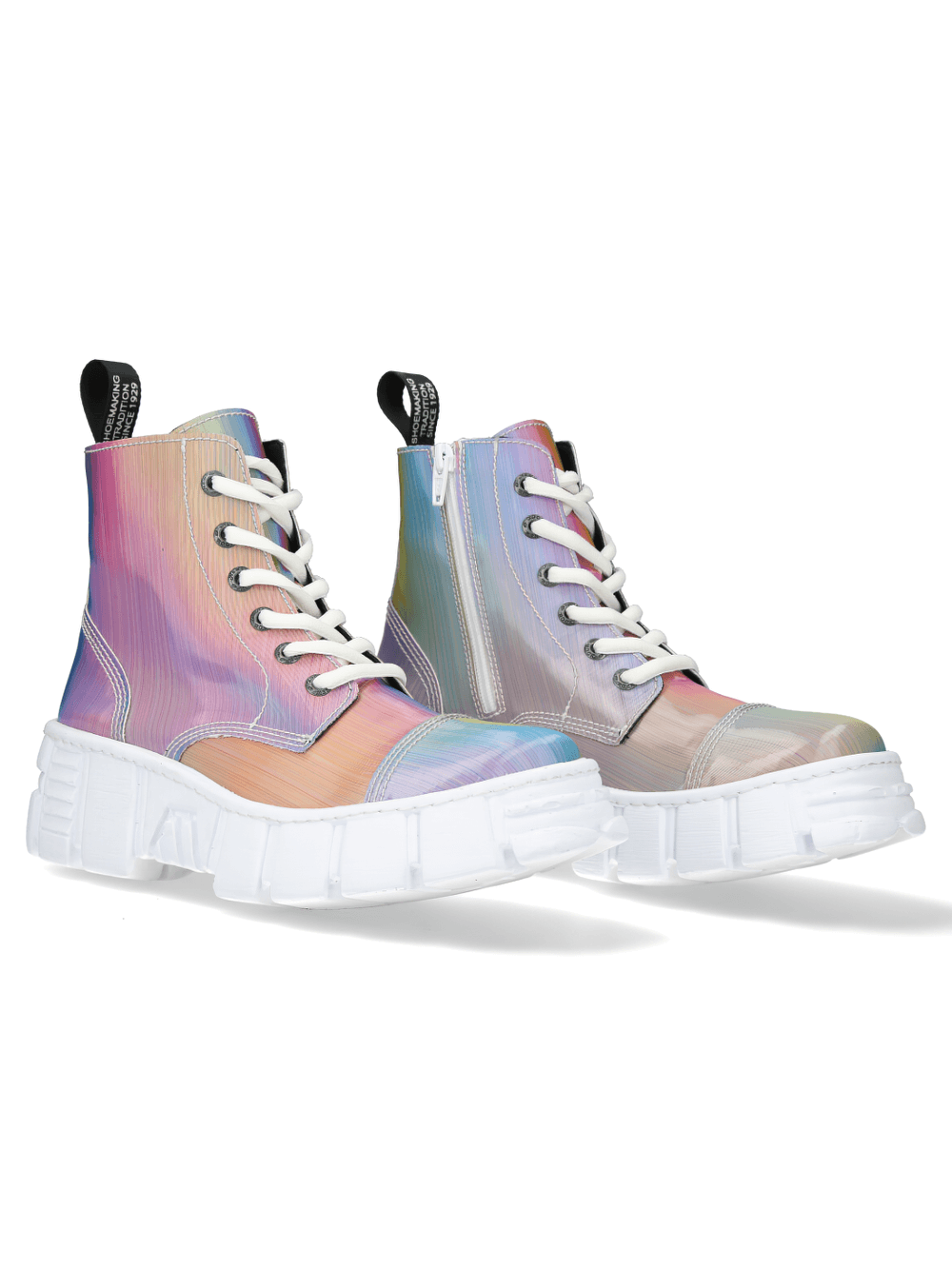 NEW ROCK iridescent rainbow ankle boots with laces and side zipper, perfect for urban style adventures.