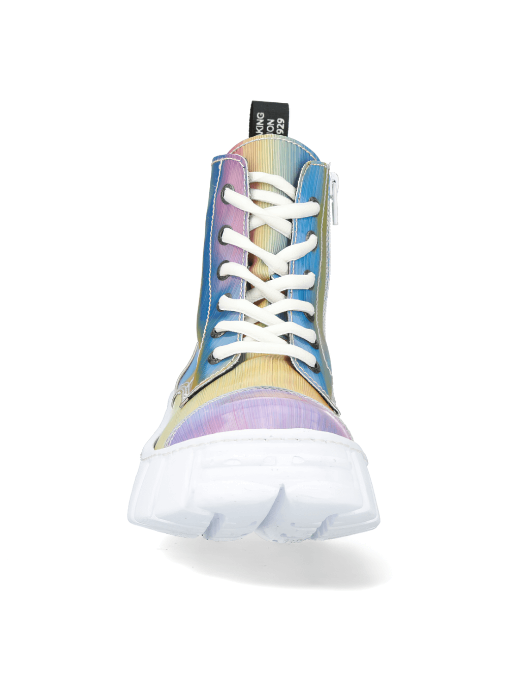 NEW ROCK iridescent rainbow ankle boots with laces and side zipper, perfect for stylish urban adventures.