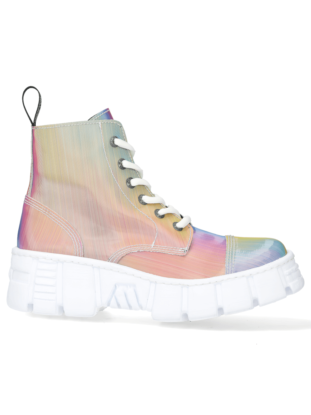 NEW ROCK Iridescent Rainbow Ankle Boots with Laces, vibrant colors and chunky sole for stylish urban adventures.