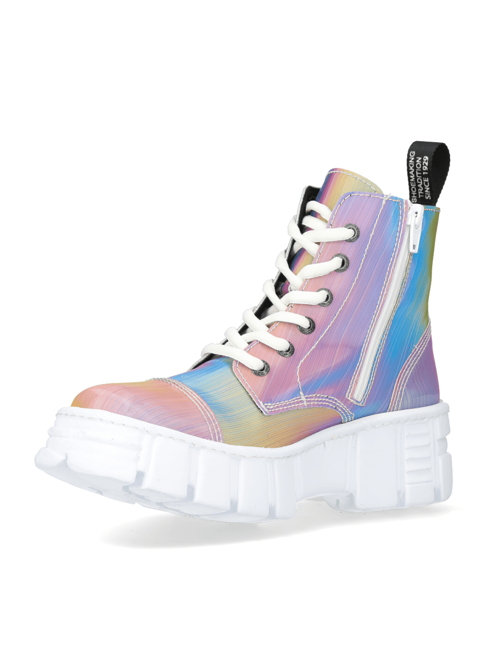 NEW ROCK iridescent ankle boots with laces and side zipper for edgy urban style.