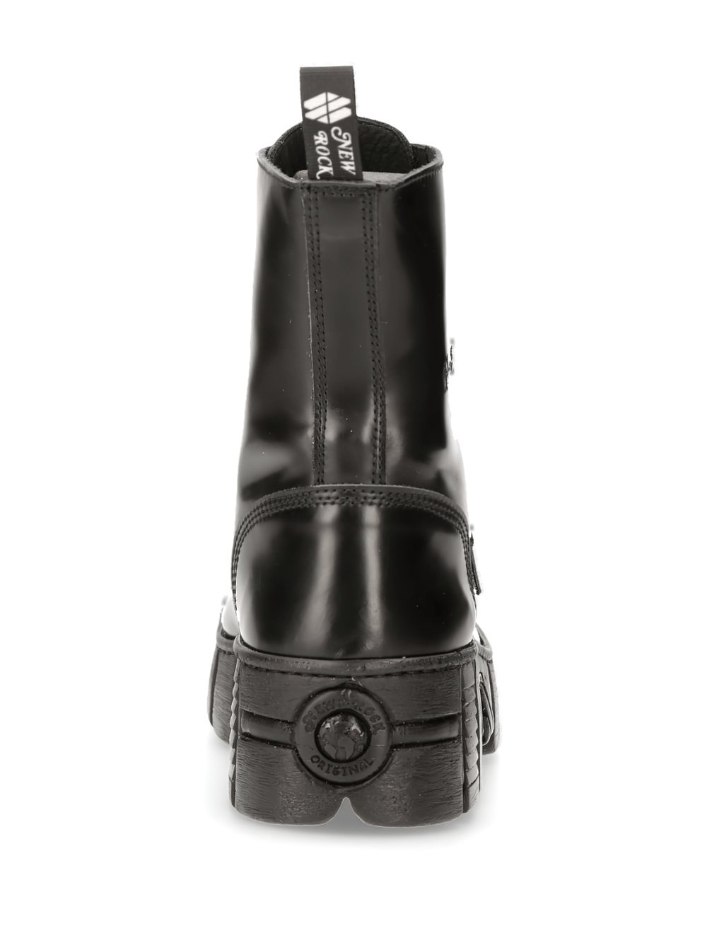 Back view of NEW ROCK black lace-up ankle boots with chunky platform and stylish design.