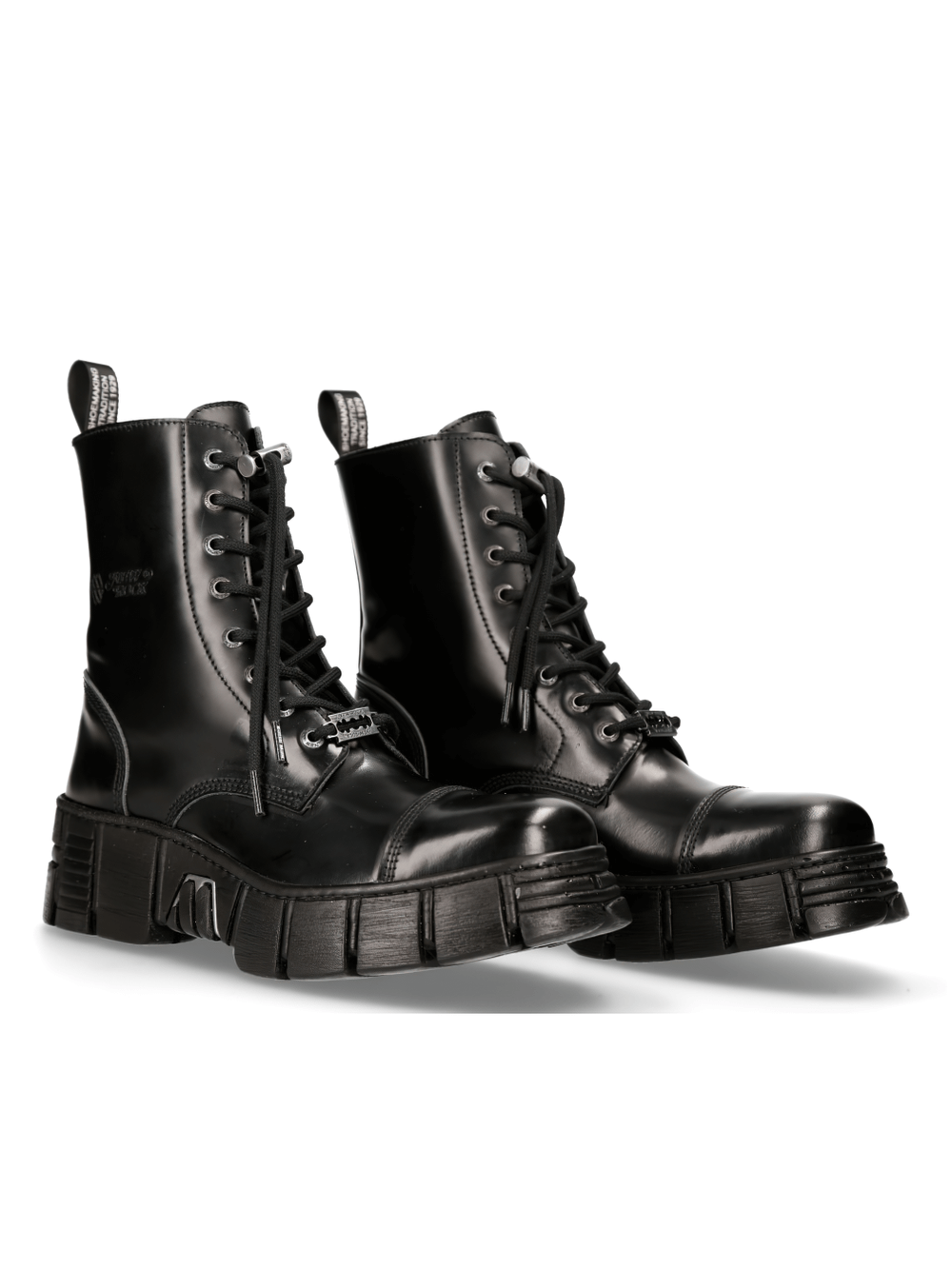 NEW ROCK Lace-Up Black Platform Ankle Boots showcasing urban fashion with a bold design and durable PU-ULTRA sole.