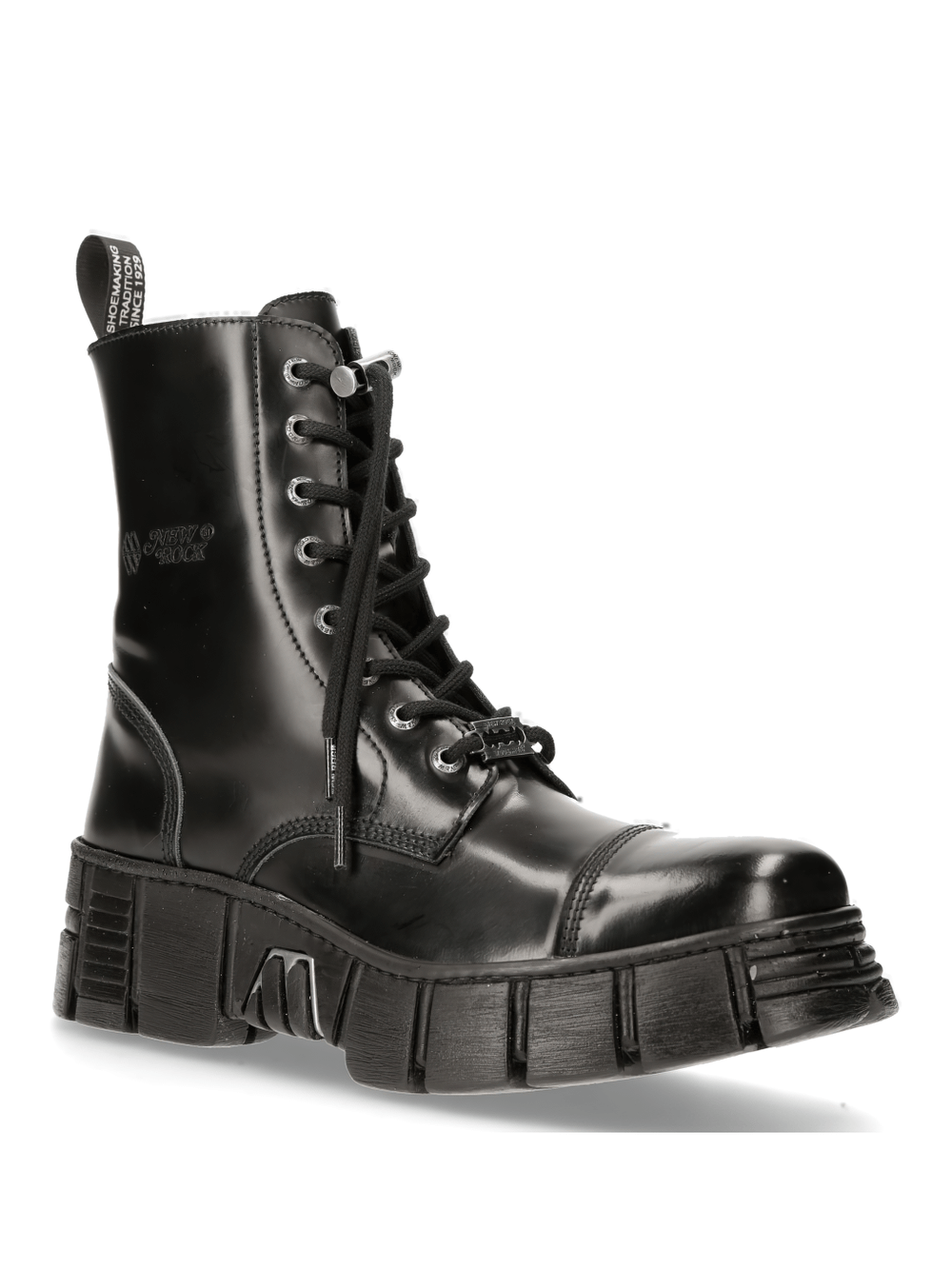 Lace-up black platform ankle boots with a bold design from the NEW ROCK WALL COLLECTION, perfect for urban fashion.
