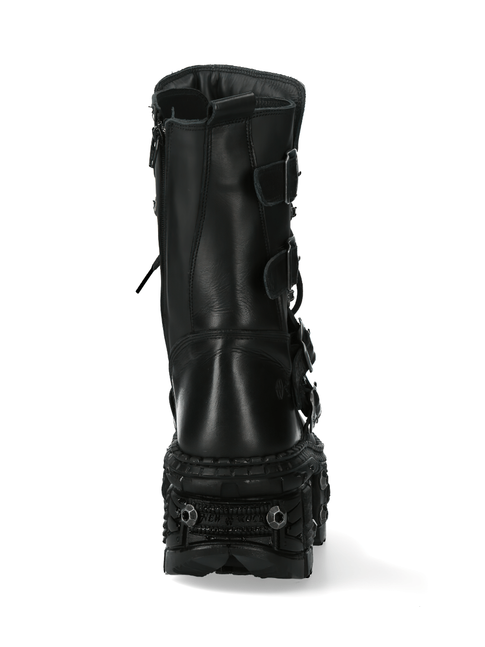 Back view of NEW ROCK lace-up leather ankle boots featuring buckles and rugged design, perfect for a gothic military style.