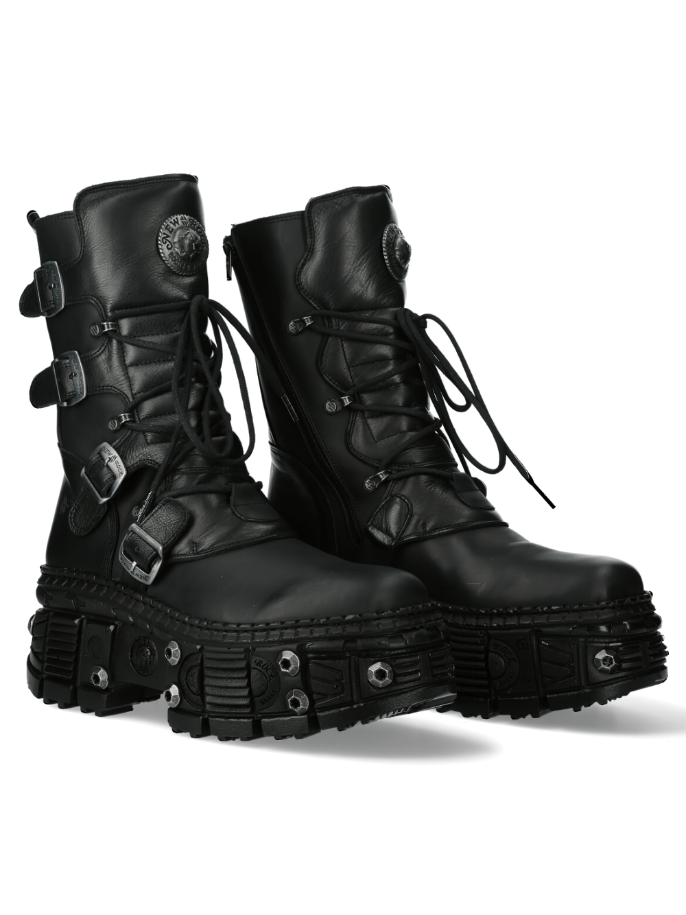 NEW ROCK black lace-up leather ankle boots with metallic accents and military-inspired buckles.