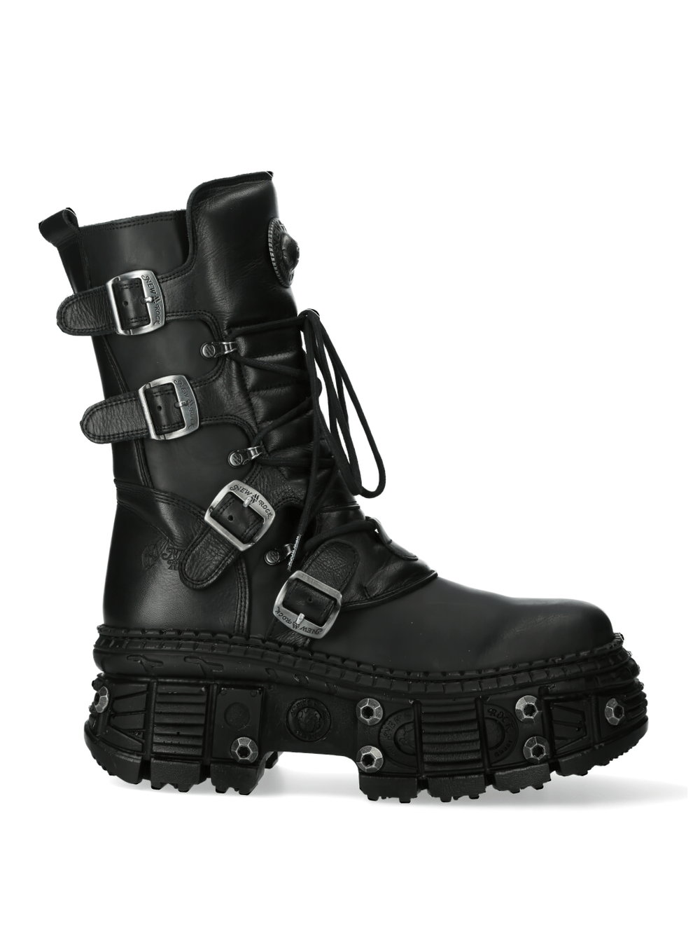 Gothic military style black lace-up ankle boots with metallic buckles and chunky sole.