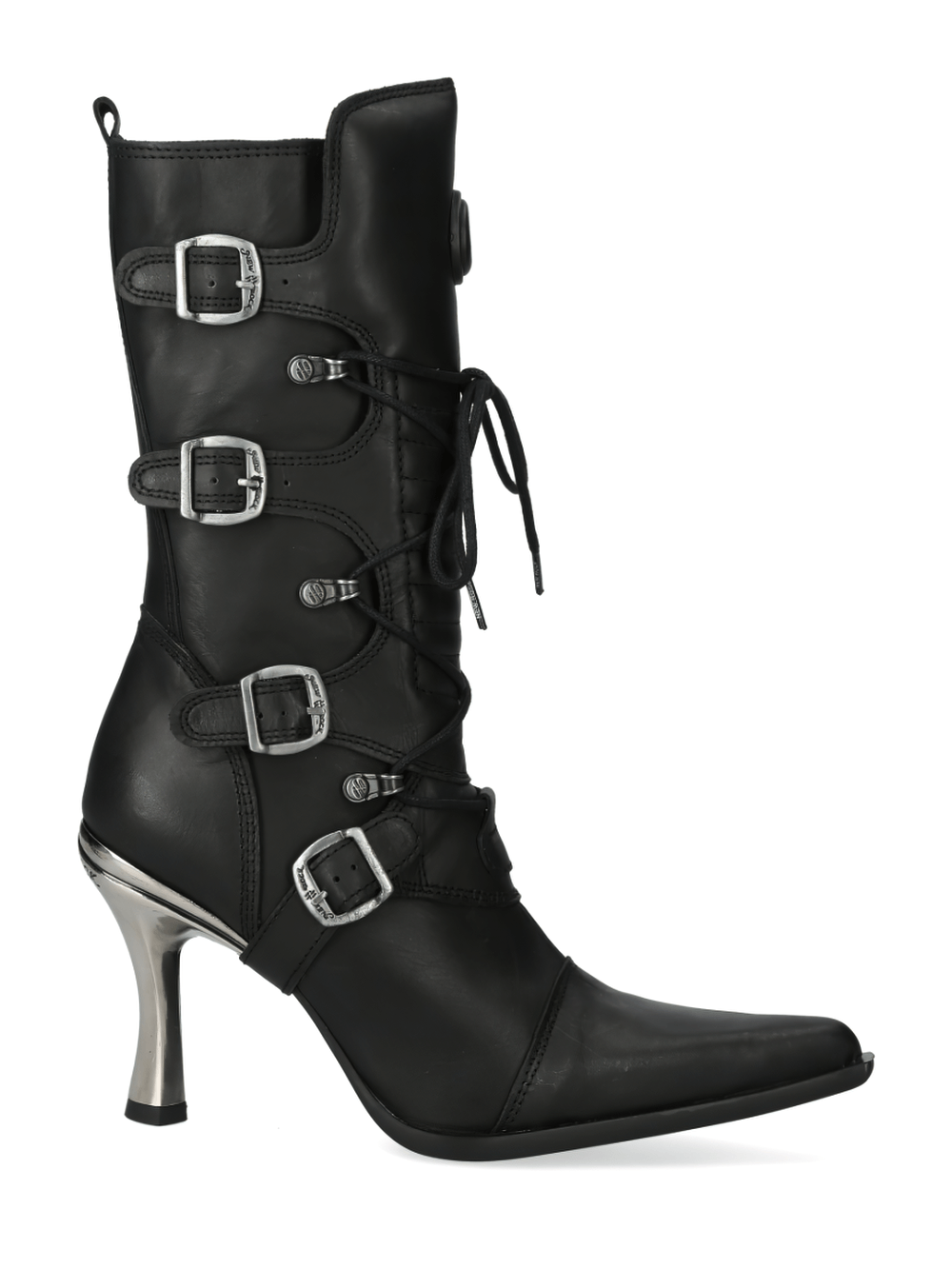 NEW ROCK high-heel laced boots with metallic accents, featuring buckles and a punk rocker design.