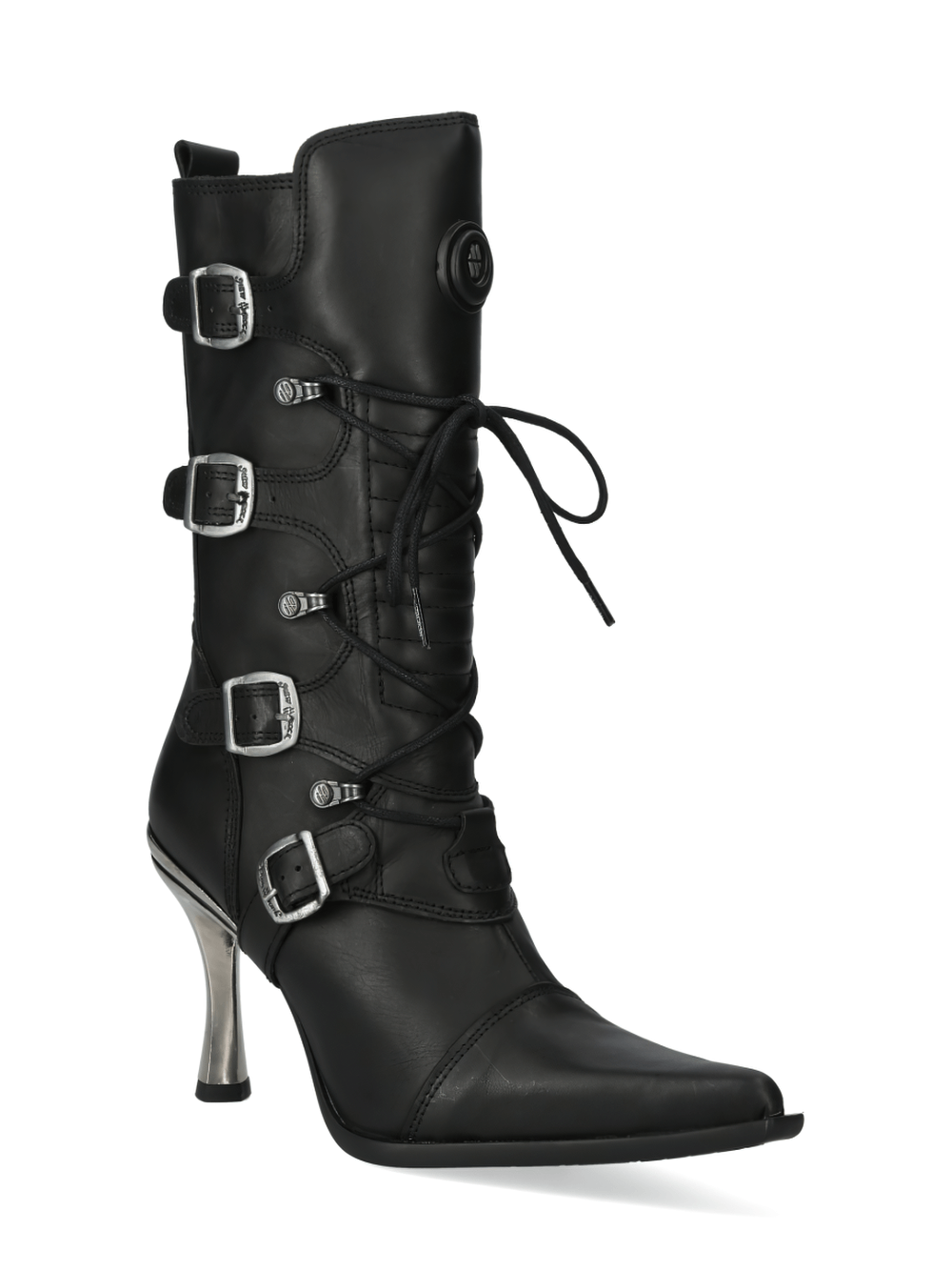 Stylish NEW ROCK high-heel laced boot with metallic accents and buckles from the MALICIA COLLECTION. Perfect for urban fashionistas.