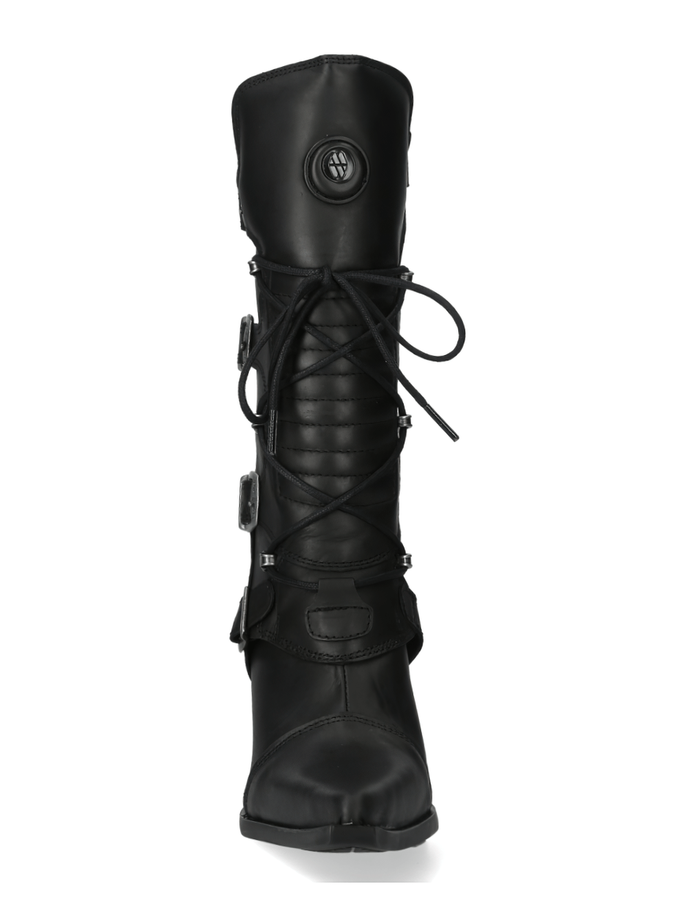 NEW ROCK high-heel laced boots with metallic accents, featuring a punk rock design and genuine leather craftsmanship.