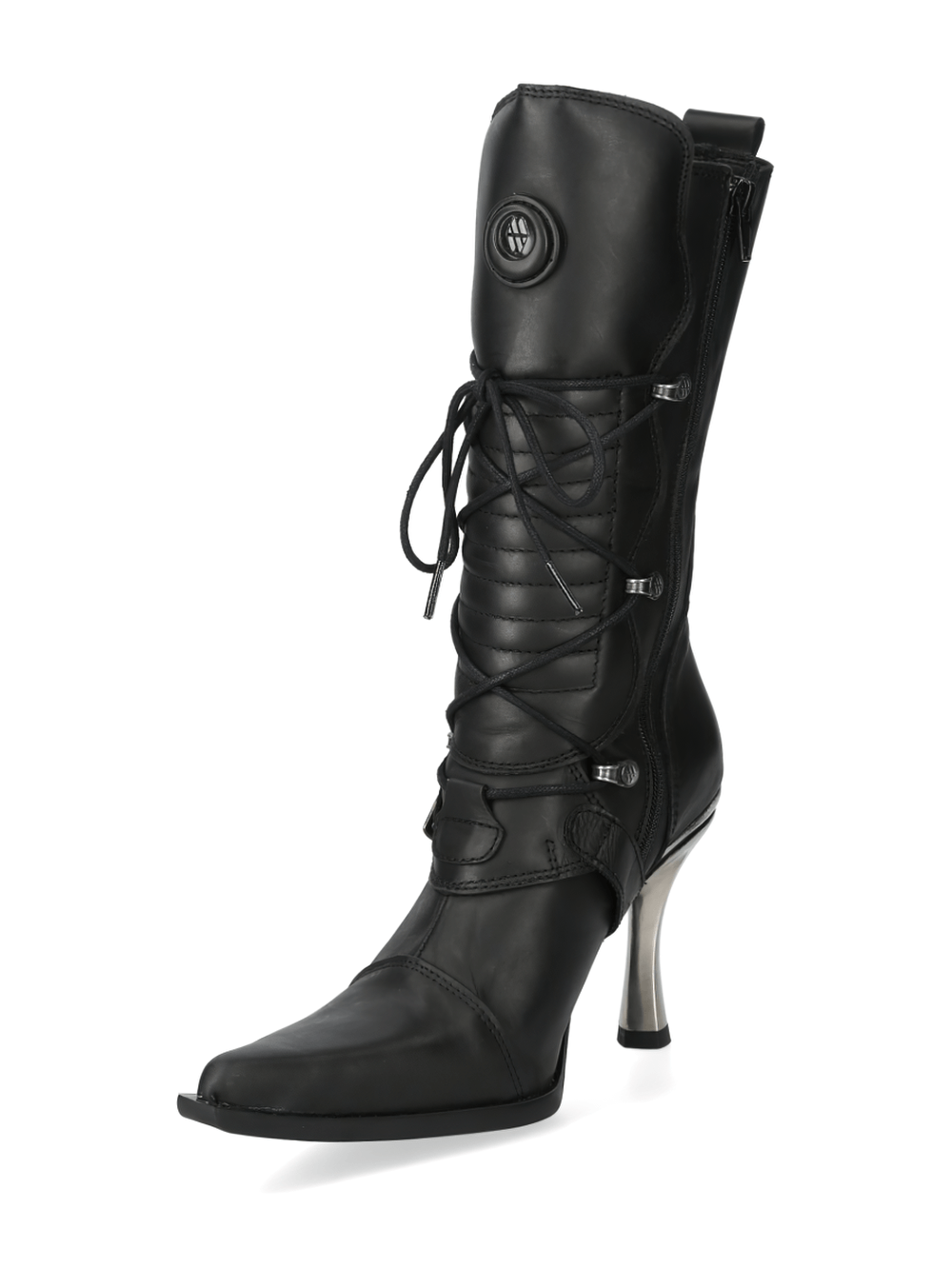 NEW ROCK Laced High-Heel Boots with metallic accents, featuring a unique punk design and genuine leather construction.