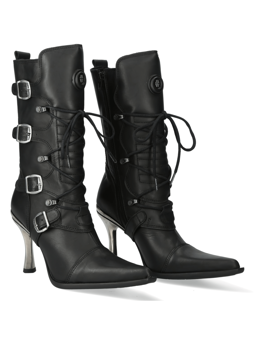 NEW ROCK High-Heel Laced Boots with Metallic Accents and buckles, perfect for urban punk fashion.