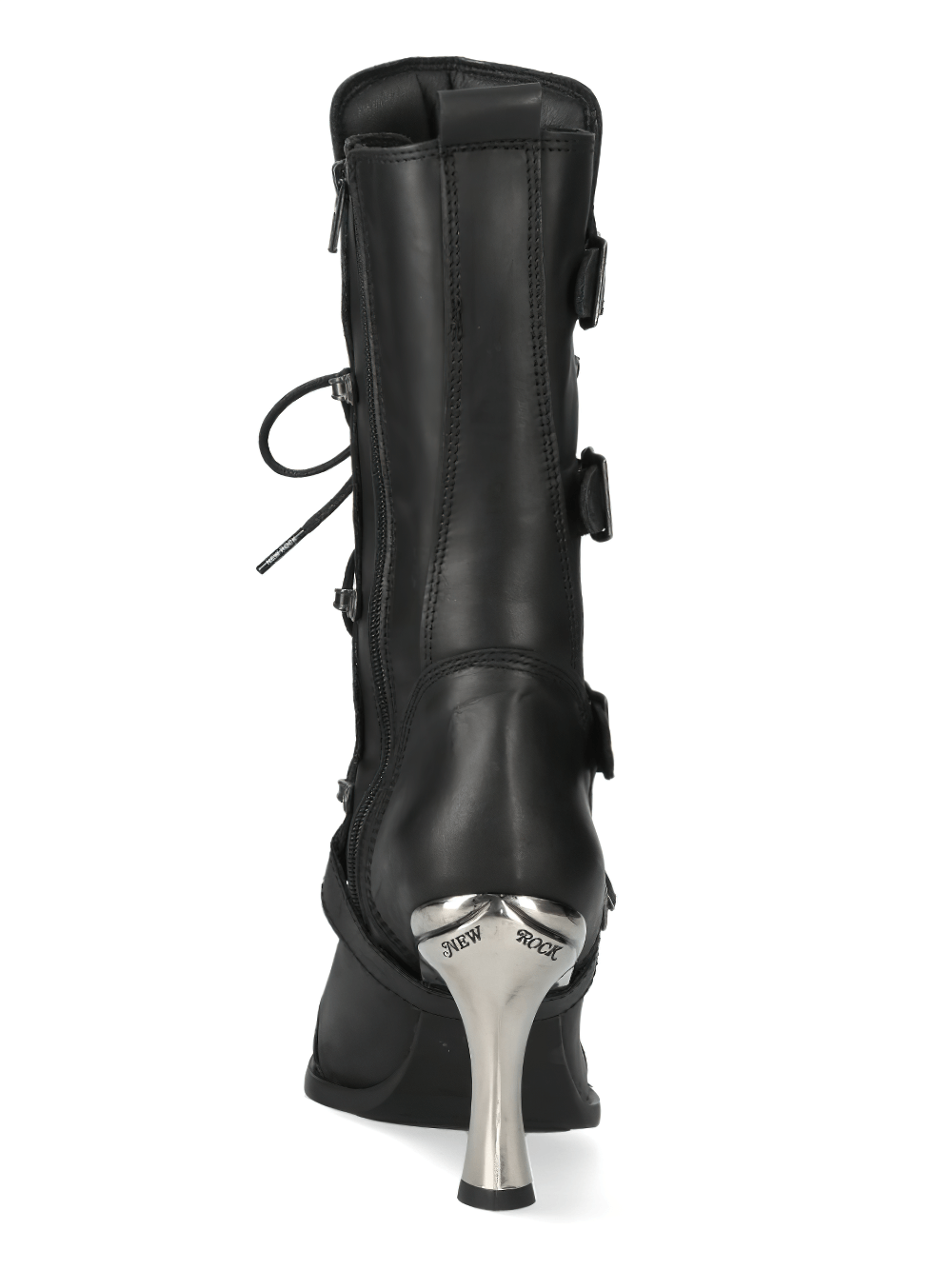 NEW ROCK high-heel laced boot featuring metallic accents and buckles for a chic urban look.