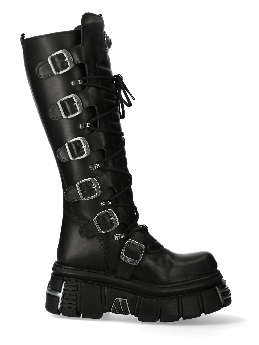 Stylish black knee high boots with gothic buckles and a chunky platform, perfect for a rock-inspired look.