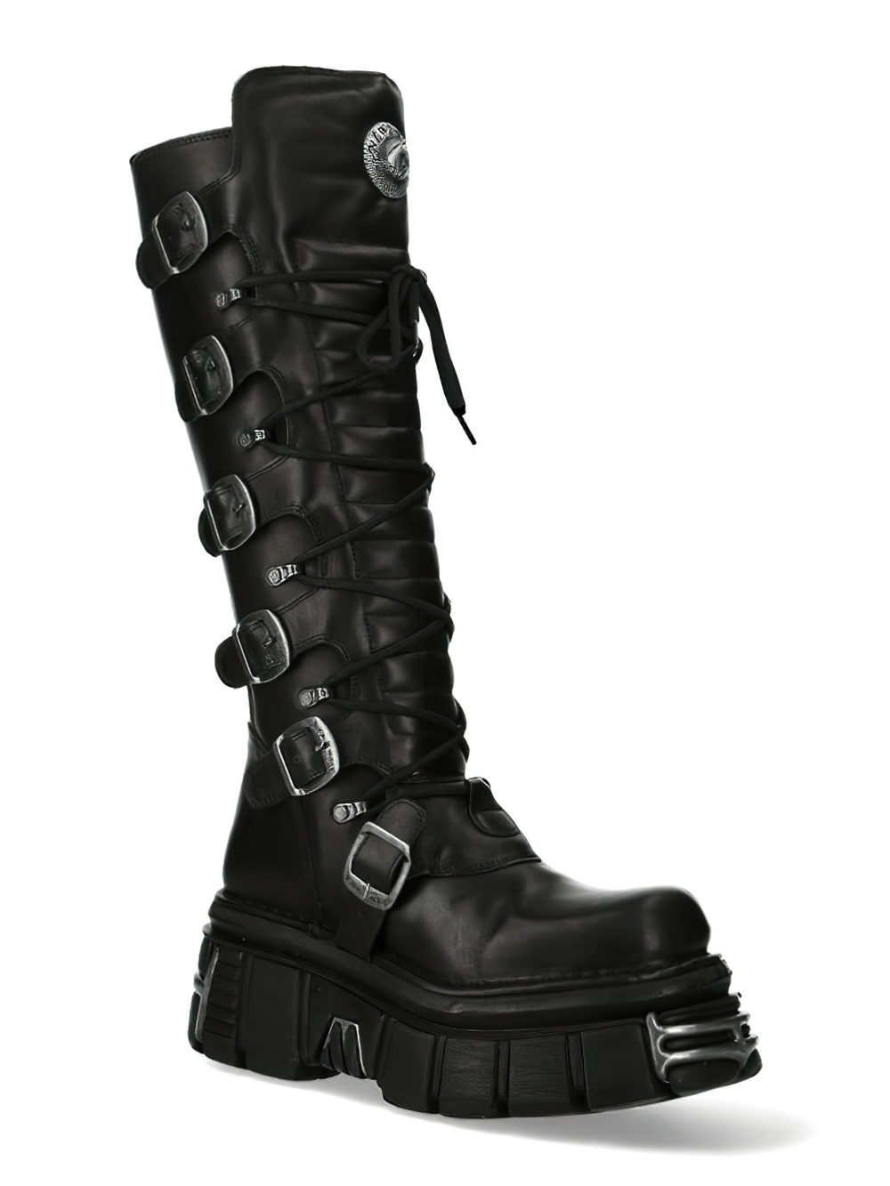 New Rock laced knee high boots with gothic buckles and bold platform, perfect for punk-inspired fashion enthusiasts.