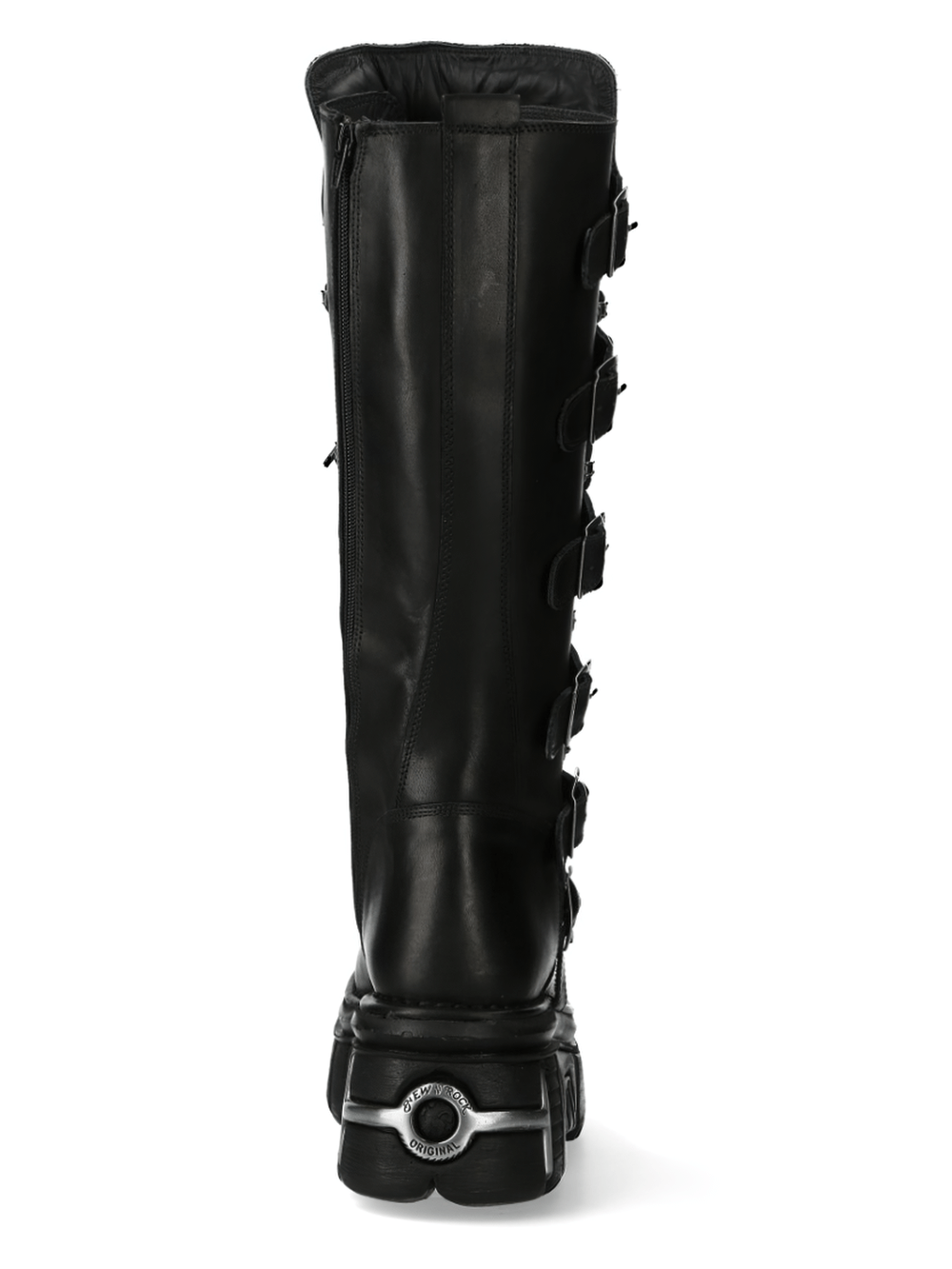 Back view of NEW ROCK laced knee high boots with gothic buckles, showcasing leather finish and unique design.