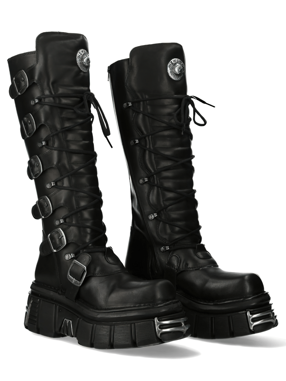 NEW ROCK Laced Knee High Boots with gothic buckles, crafted from genuine leather, featuring a bold 8 cm heel and 6 cm platform.