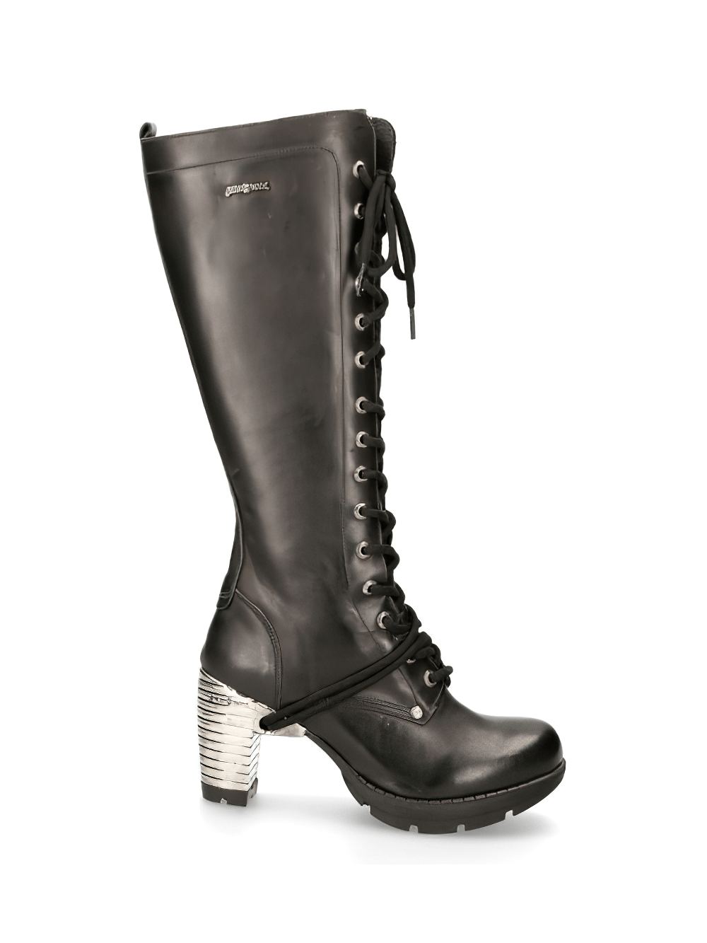 NEW ROCK Gothic Laced Leather Boots with striking metallic heels in black, perfect for edgy fashion lovers.