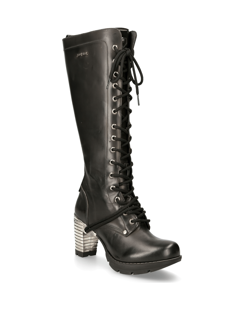 Gothic style NEW ROCK laced black leather boots with edgy metallic heels and side zipper for easy wear.