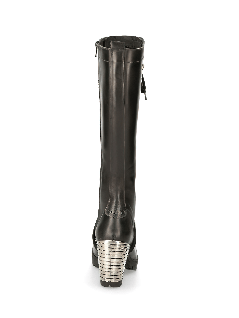 NEW ROCK Gothic Laced Leather Boots with striking metallic heels, side zipper for easy wear, in sleek black.