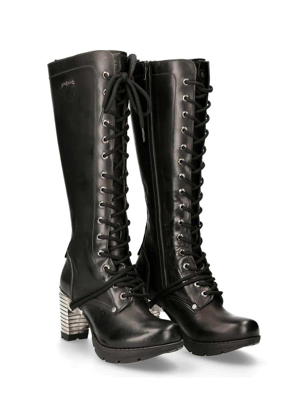 NEW ROCK Gothic Style Laced Leather Boots with Metallic Heels in Black, featuring a unique laced design and side zipper.