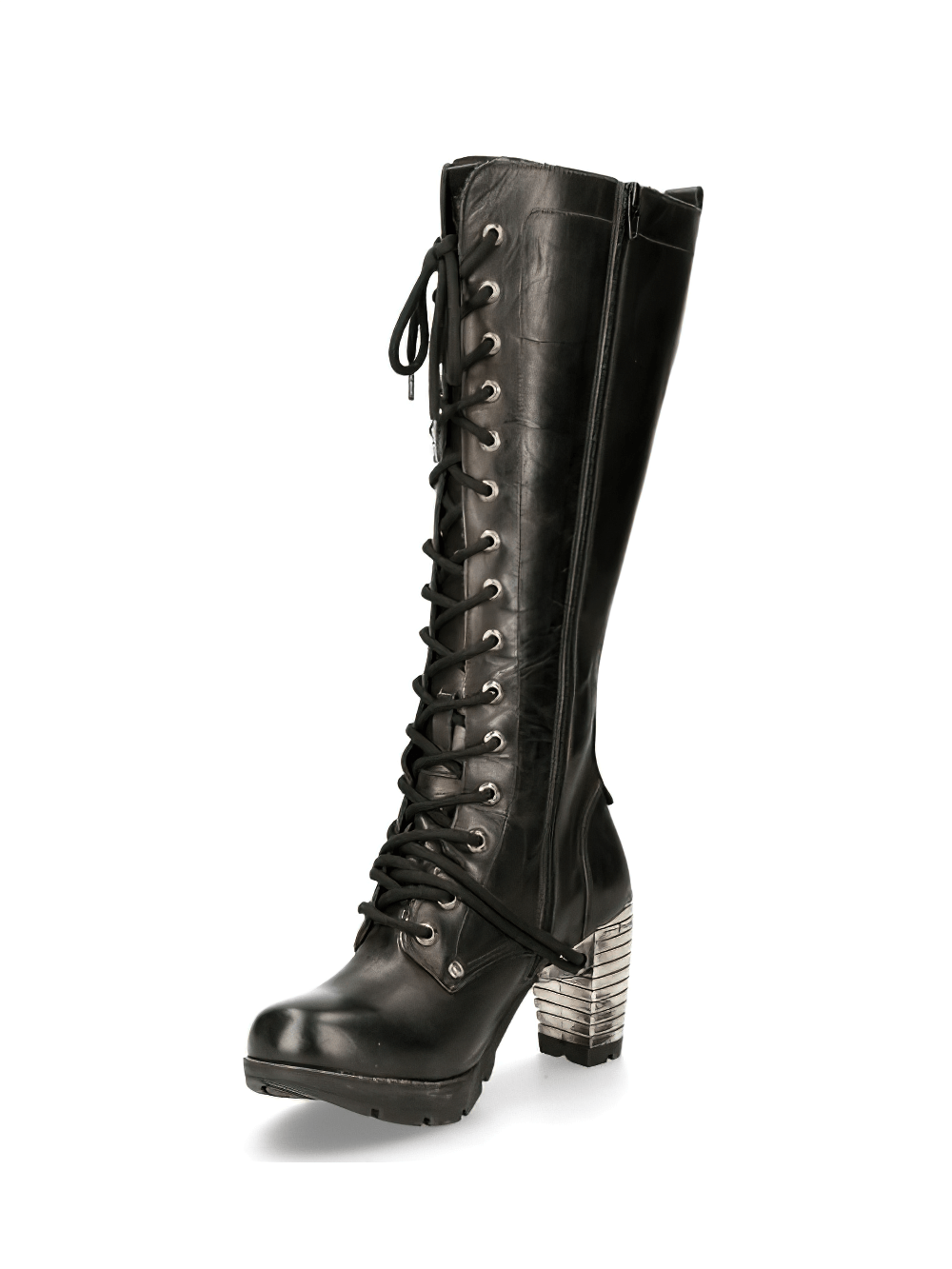 Gothic style NEW ROCK black laced leather boots with striking metallic heels, perfect for elevating your bold look.