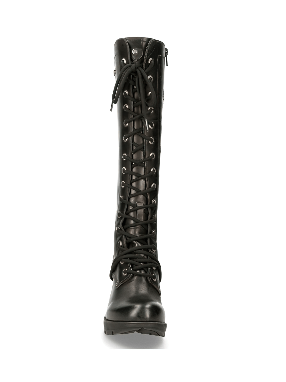 Front view of NEW ROCK Gothic Style Laced Leather Boots with Metallic Heels in black, featuring a high-lace design and side zipper.