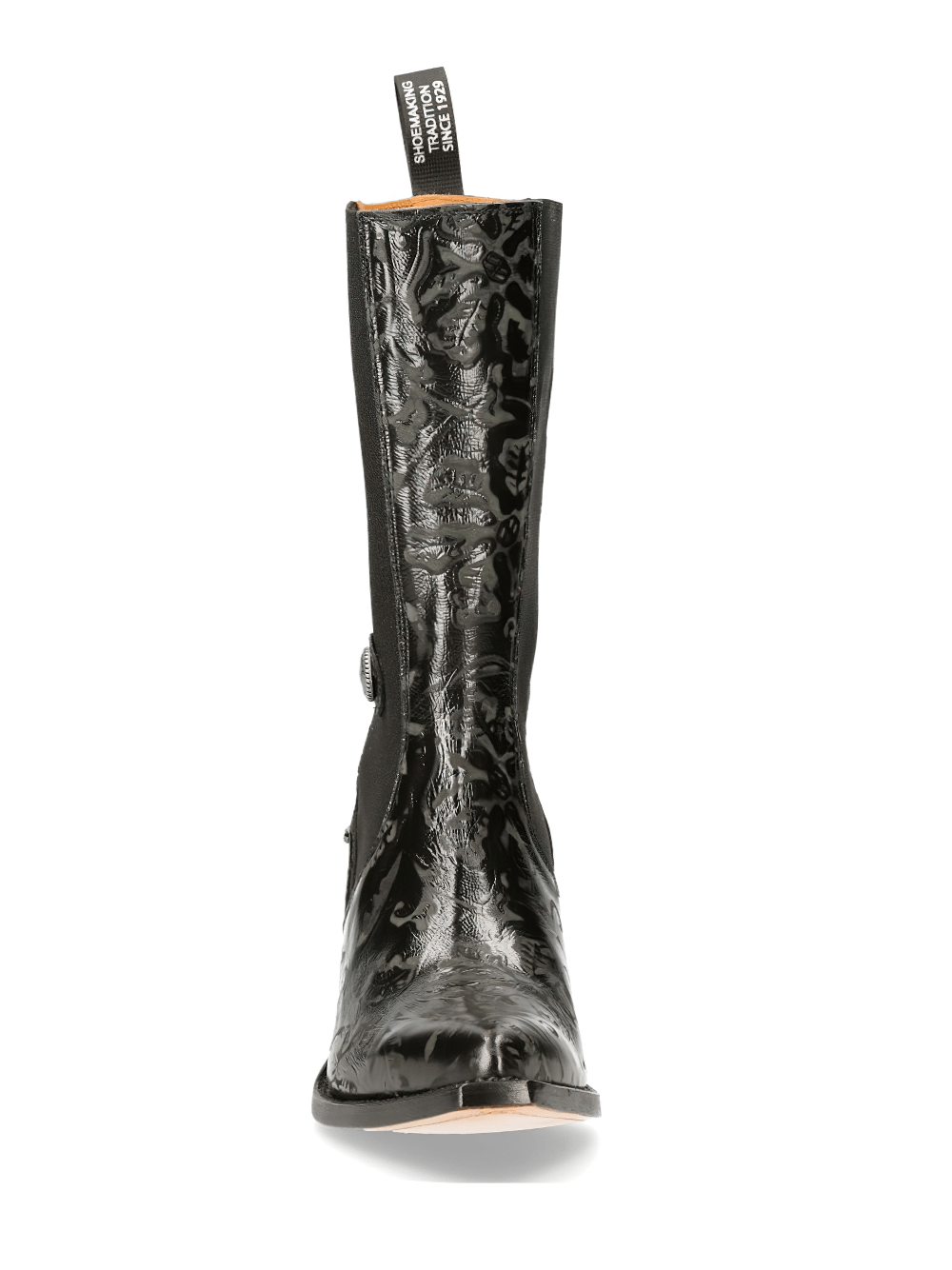 NEW ROCK Lady's black Western elastic boots with metallic detail and stylish design, perfect for a western-inspired look.