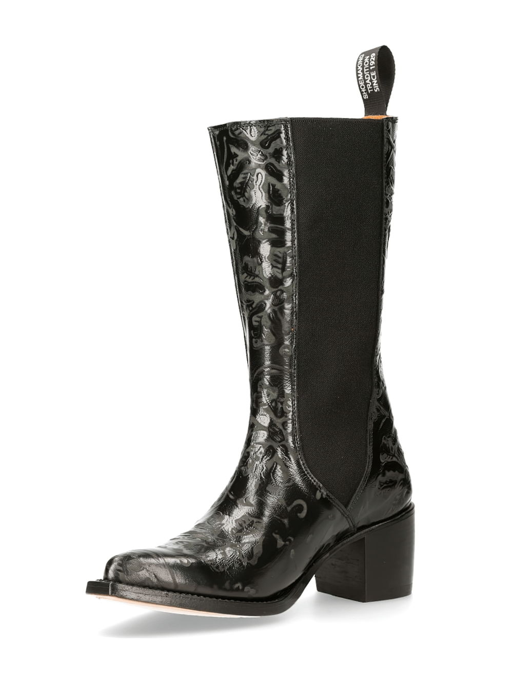 NEW ROCK Lady's Black Western Boots with Metallic Detail and Elastic Fit for Easy Slip-On Style.
