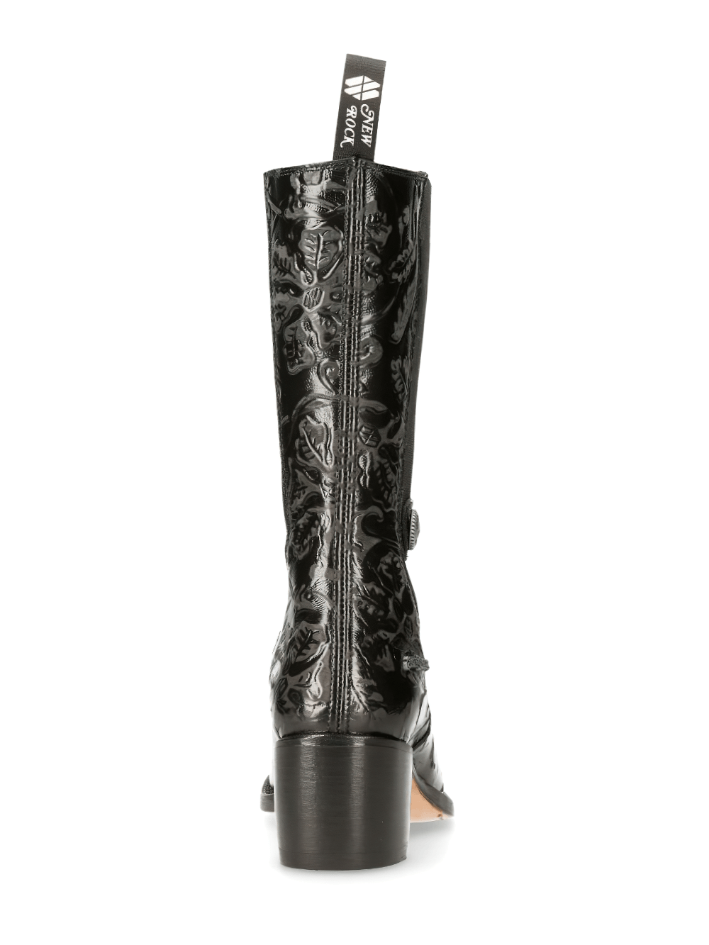 Back view of NEW ROCK Lady's Black Western Boots with metallic detail and embossed design.