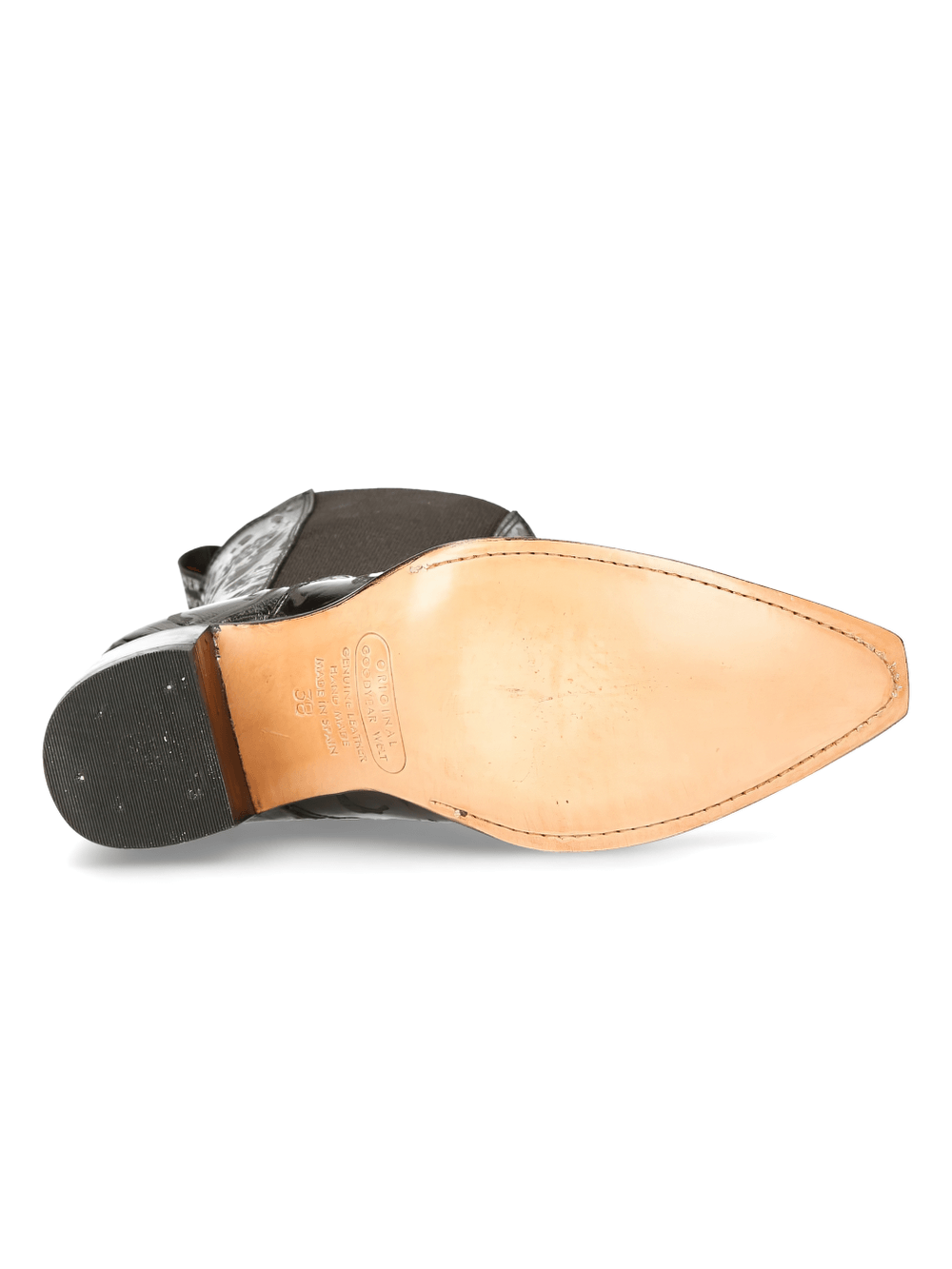 Sole view of NEW ROCK Lady's Western Elastic Boots with metallic detail, showcasing Goodyear welt construction.