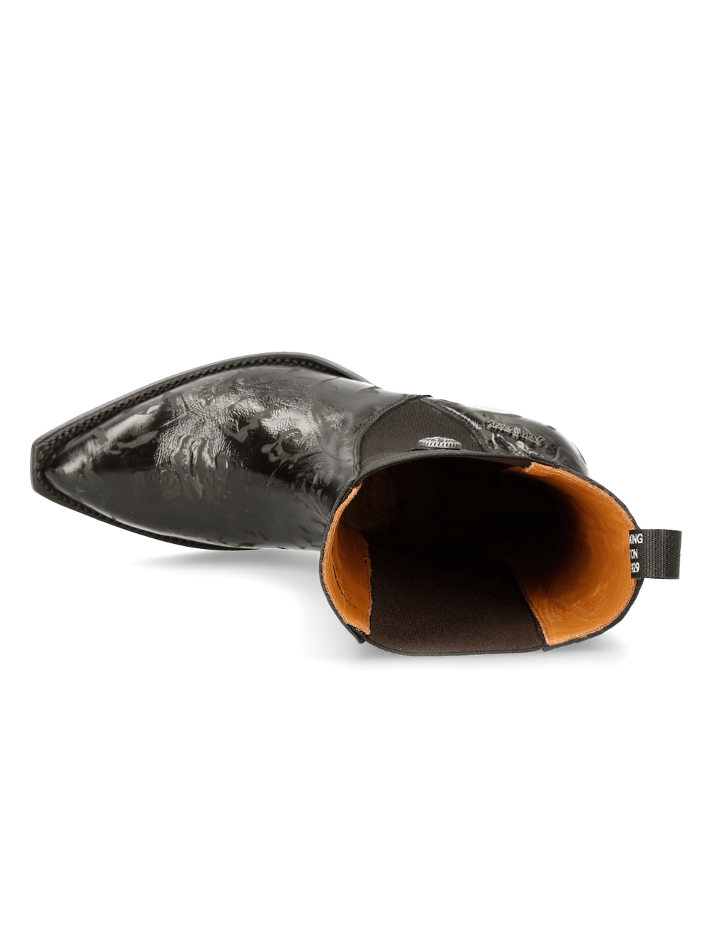 Top view of NEW ROCK Lady's Western boots showcasing sleek black cow leather and soft calfskin lining.
