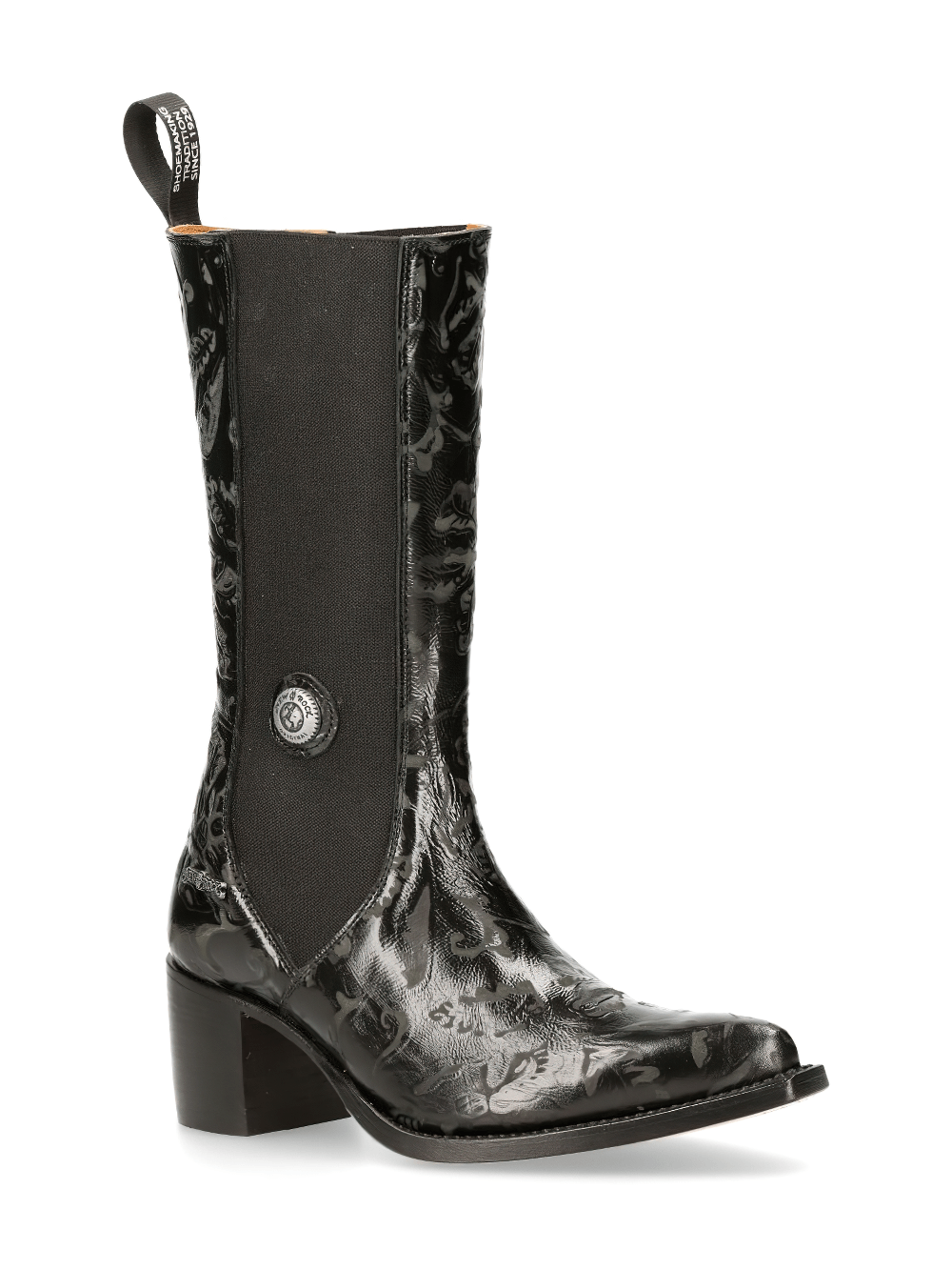 Stylish black women's Western boots with metallic detailing and elastic fit, perfect for adding flair to any outfit.