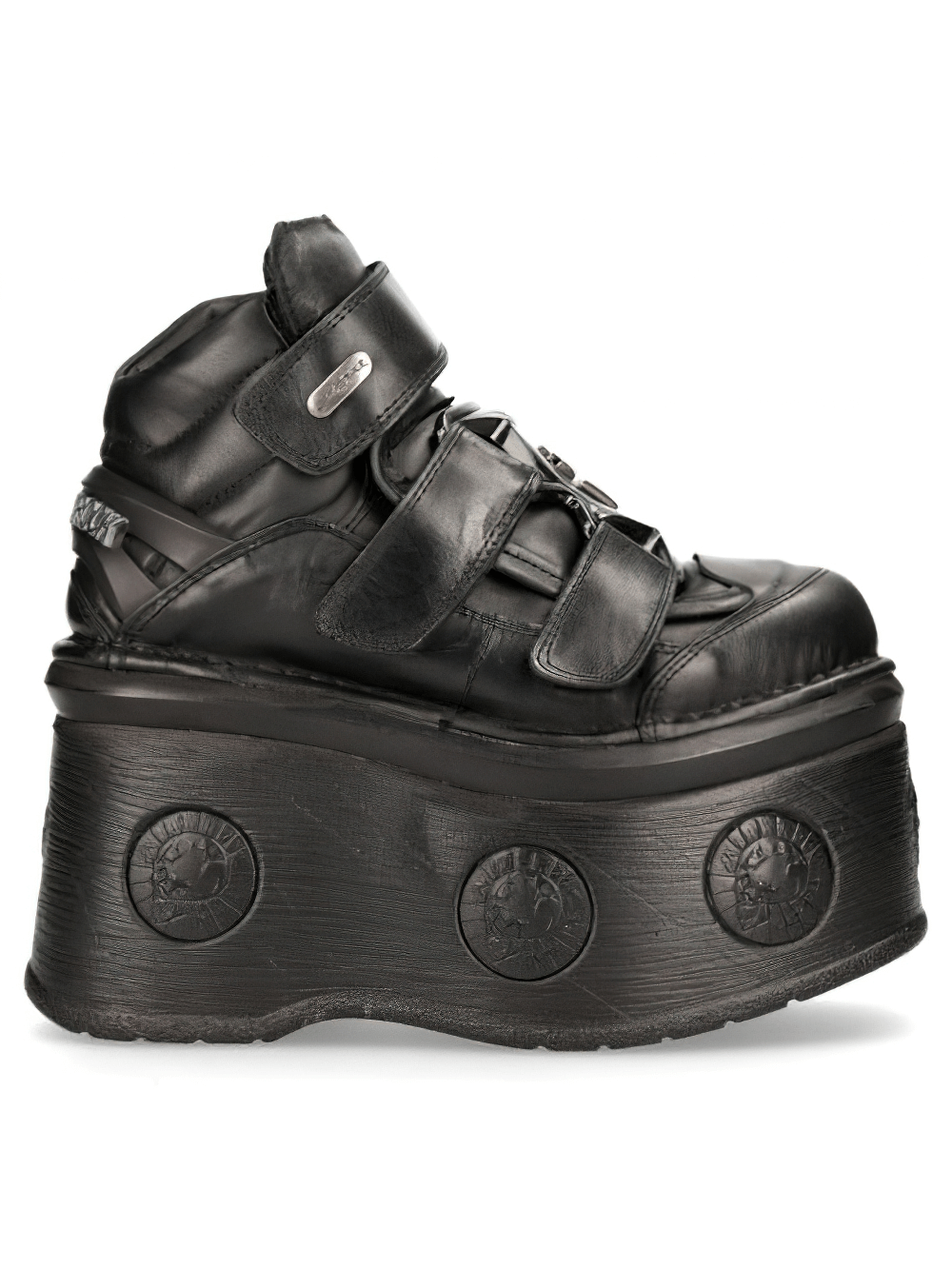 NEW ROCK Gothic Leather Ankle Boots with Velcro closure and unique coin sole design.