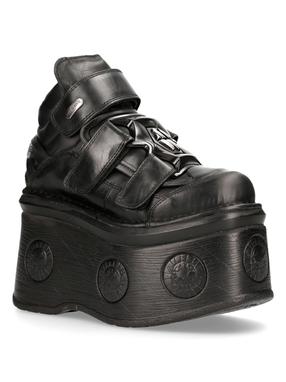 NEW ROCK Gothic black leather ankle boots with stylish velcro closure and unique coin sole design.