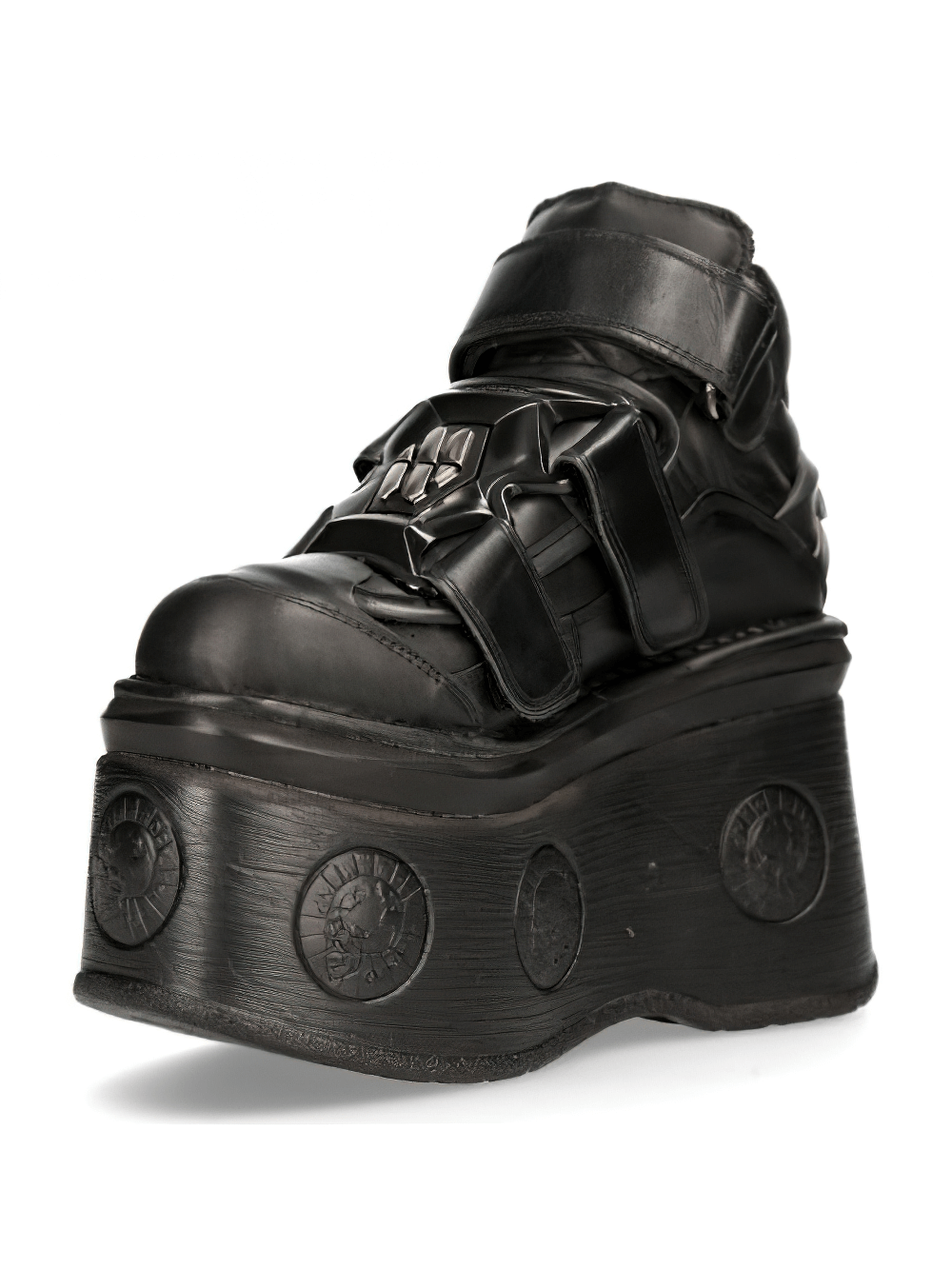 NEW ROCK black leather ankle boots with coin sole and secure velcro closure for a bold gothic style.