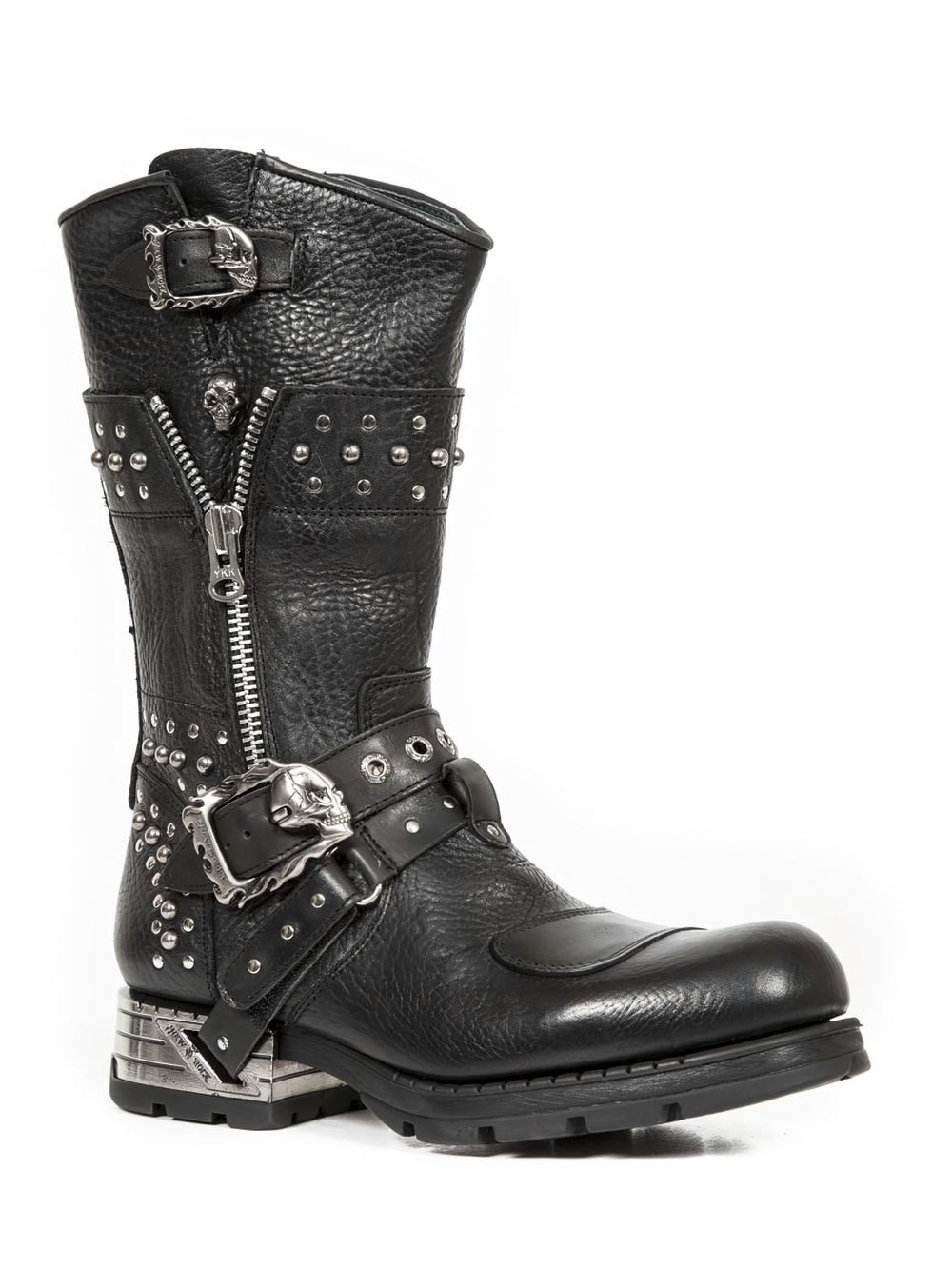 NEW ROCK men's leather biker boot featuring studs, zippers, and buckles for a rockstar look.