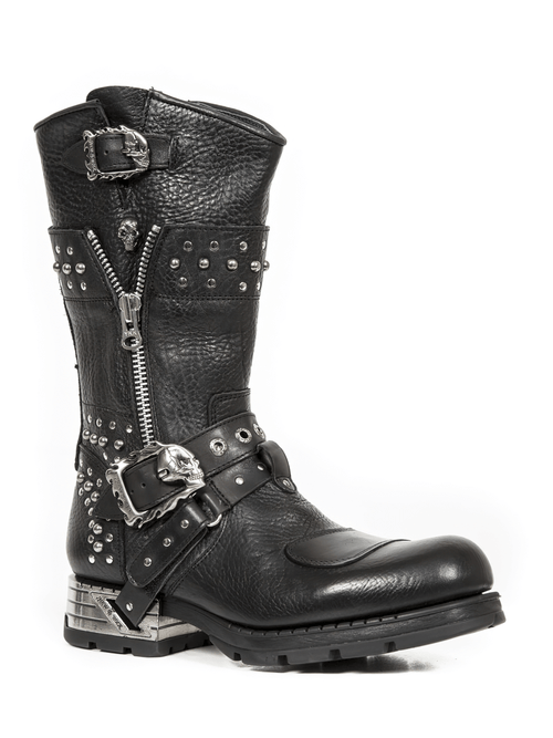 NEW ROCK Women's Leather Biker Boots with Zipper and Rivets
